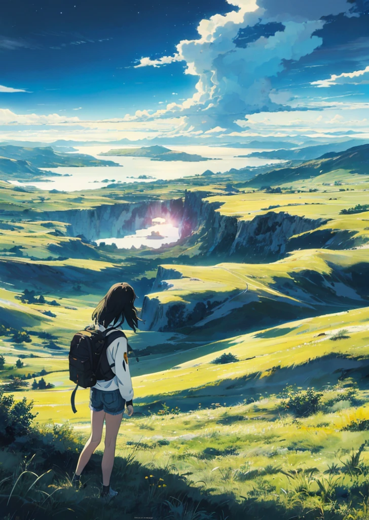 The vast sky, beautiful skyline, large grasslands, extremely tense and dramatic pictures, moving visual effects, the high-hanging Polaris, and colorful natural light. Long-sleeved top, denim shorts, and a girl with a backpack.