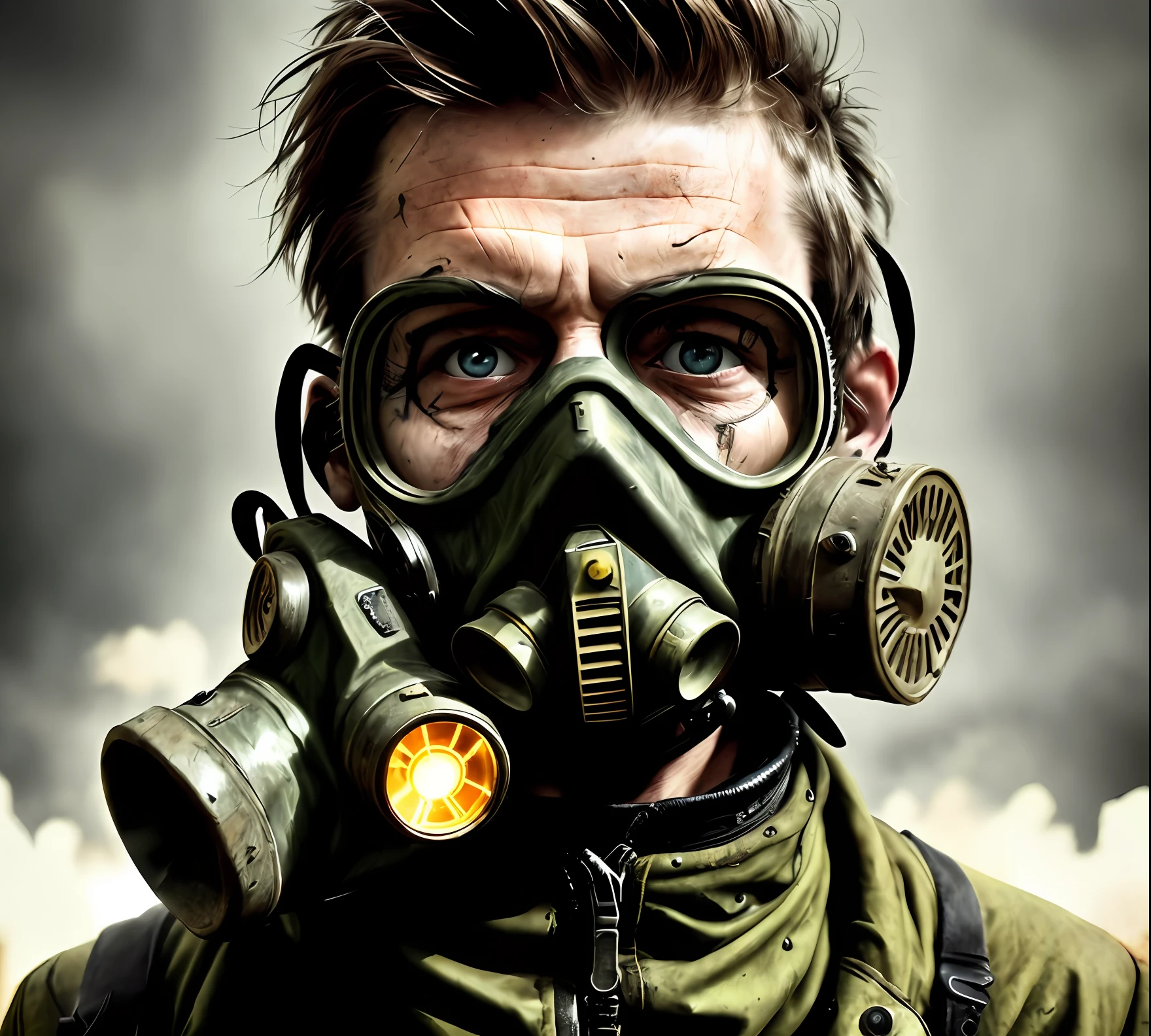 a picture of a post-apocalyptic man with a glowing gas mask on his face, portrait shot, futuristic clothing