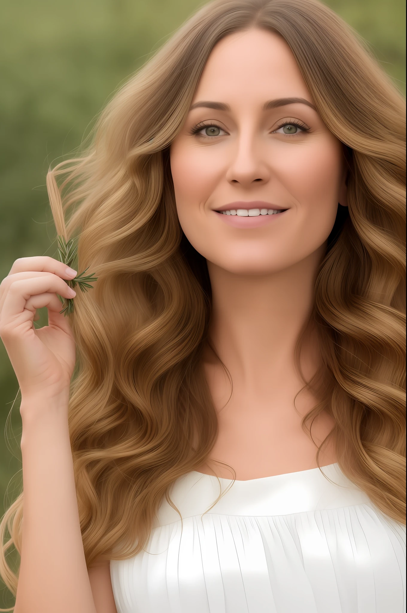 photorealistic, award-winning hyper realistic (zoomed in) portrait photo of 42 year old woman holding a sprig of rosemary (long wavy golden brown hair), (square face) in a (white dress), looking to left side) ((airborne) free)), (sharp focused background), 8k ultra hd, 4k, (ultra high definition photo), the highest quality, the best quality,