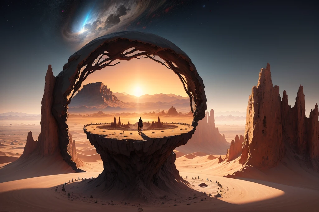 (endgate style:1) a giant black hole in the form of a three-dimensional portal illuminated over the desert surrounded by mountains and an abandoned citadel with three men entering it