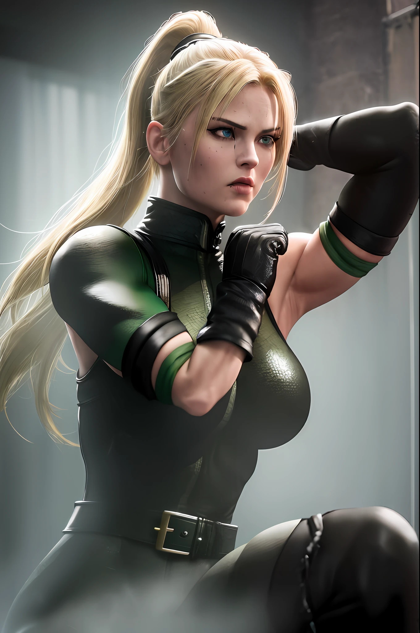 masterpiece, best quality, sonya blade, blonde hair, blue eyes, ponytail hair, gloves on hand, fingerless gloves, black gloves, black headband, green bodysuit, green pants, ground, photorealistic lights, lighting cinematic, ultra-detailed texture, ultra-detailed hair, hyperrealistic paint, fantastical realism, outdoors, acid swamp,