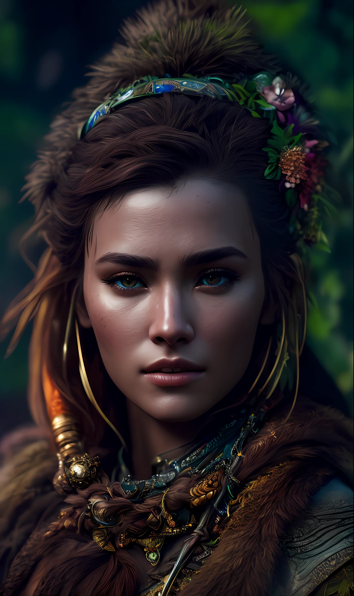 ultra realistic photography, perfectly centered medium upper shot of Aloy from horizon zero dawn, creatures from horizon zero dawn jungle cliffs in the background, looking at viewer, fashion pose, extremely detailed eyes, detailed symmetric realistic face, extremely detailed natural texture, detailed peach fuzz, messy hair, masterpiece, absurdres, award winning photo by lee jeffries, nikon d850 film stock photograph, kodak portra 400 camera f1.6 lens, depth of field, extremely detailed, amazing, fine detail, rich colors, hyper realistic lifelike texture, dramatic lighting, unrealengine, trending on artstation, cinestill 800 tungsten, photo realistic, RAW photo, TanvirTamim, high quality, highres, sharp focus, extremely detailed, cinematic lighting, 8k uhd, high definition, cinematic, neoprene, behance contest winner, featured on unsplash, cgsociety, unreal engine 5, ultra sharp focus