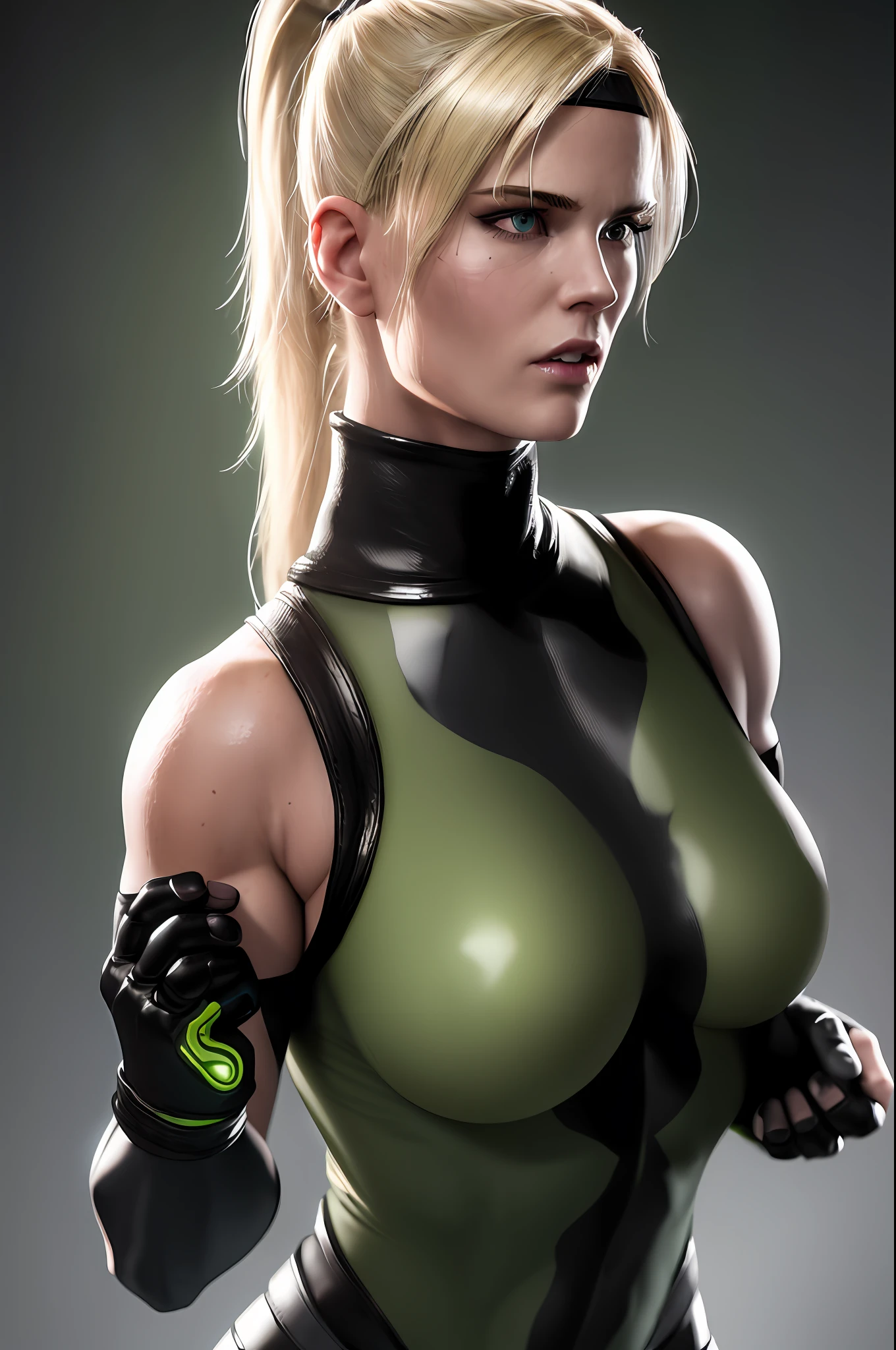 masterpiece, best quality, sonya blade, blonde hair, blue eyes, ponytail hair, gloves on hand, fingerless gloves, black gloves, black headband, green bodysuit, green pants, ground, photorealistic lights, lighting cinematic, ultra-detailed texture, ultra-detailed hair, hyperrealistic paint, fantastical realism, outdoors, acid swamp,