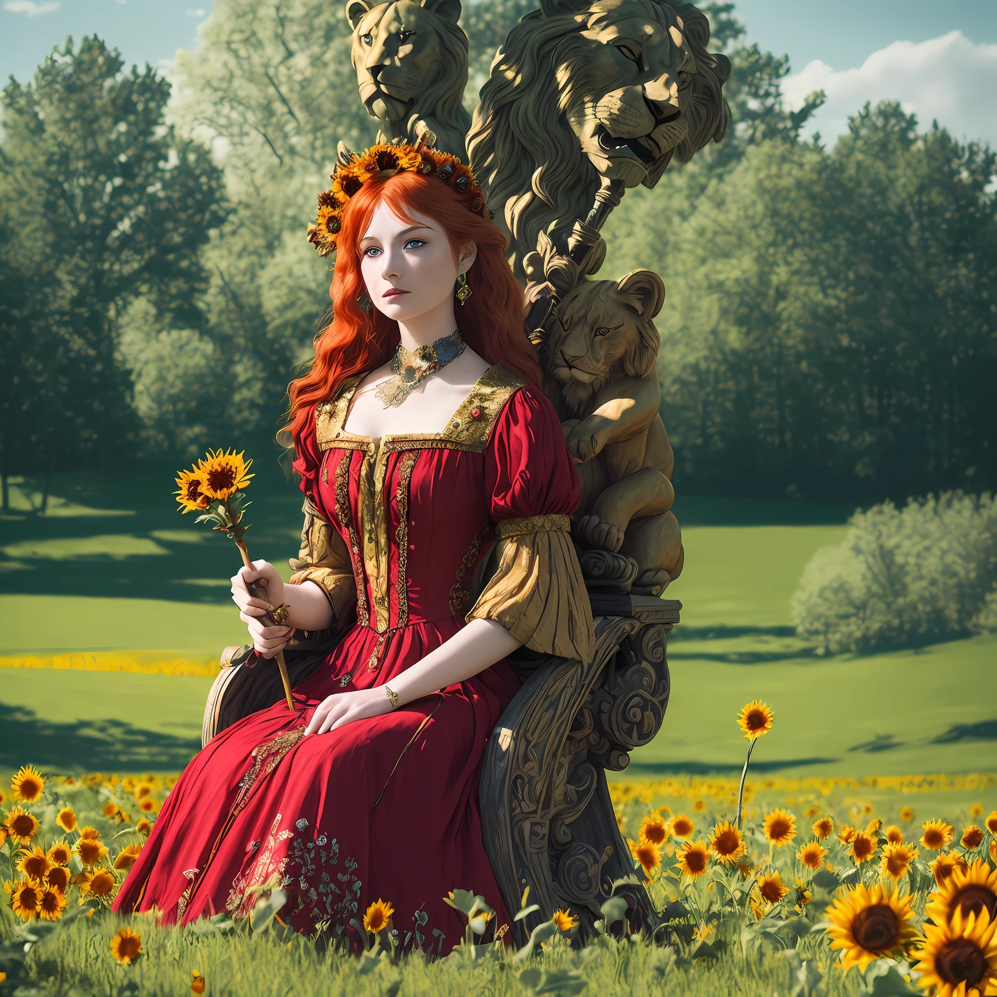 queen of clubs, (queen), moody, impulsive, gypsy, redhead, (wearing a richly embroidered red dress, in one hand she holds a staff and in the other hand she holds a sunflower, seated on a golden throne two wooden lions in low relief, black kitten on the ground in front of her, masterpiece, clear day, beautiful landscape of lawns with blue sky, cinematic lighting, ((highly detailed skin)), 8k, sharp focus, (very intricate details), award winning photography , super intricate details