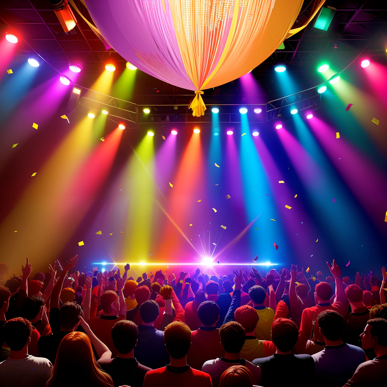 (dramatic illumination, dynamic angle, intense color contrast), [(club venue, illuminated floor, metal gantry with dj booth in background: 1.2), (groups of teens partying 1.2), (balloons ticker tape and confetti fill the air: 1.2)],