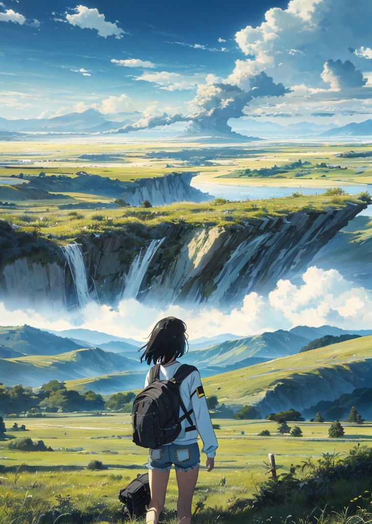 The vast sky, beautiful skyline, large grasslands, extremely tense and dramatic pictures, moving visual effects, the high-hanging Polaris, and colorful natural light. Long-sleeved top, denim shorts, and a girl with a backpack.