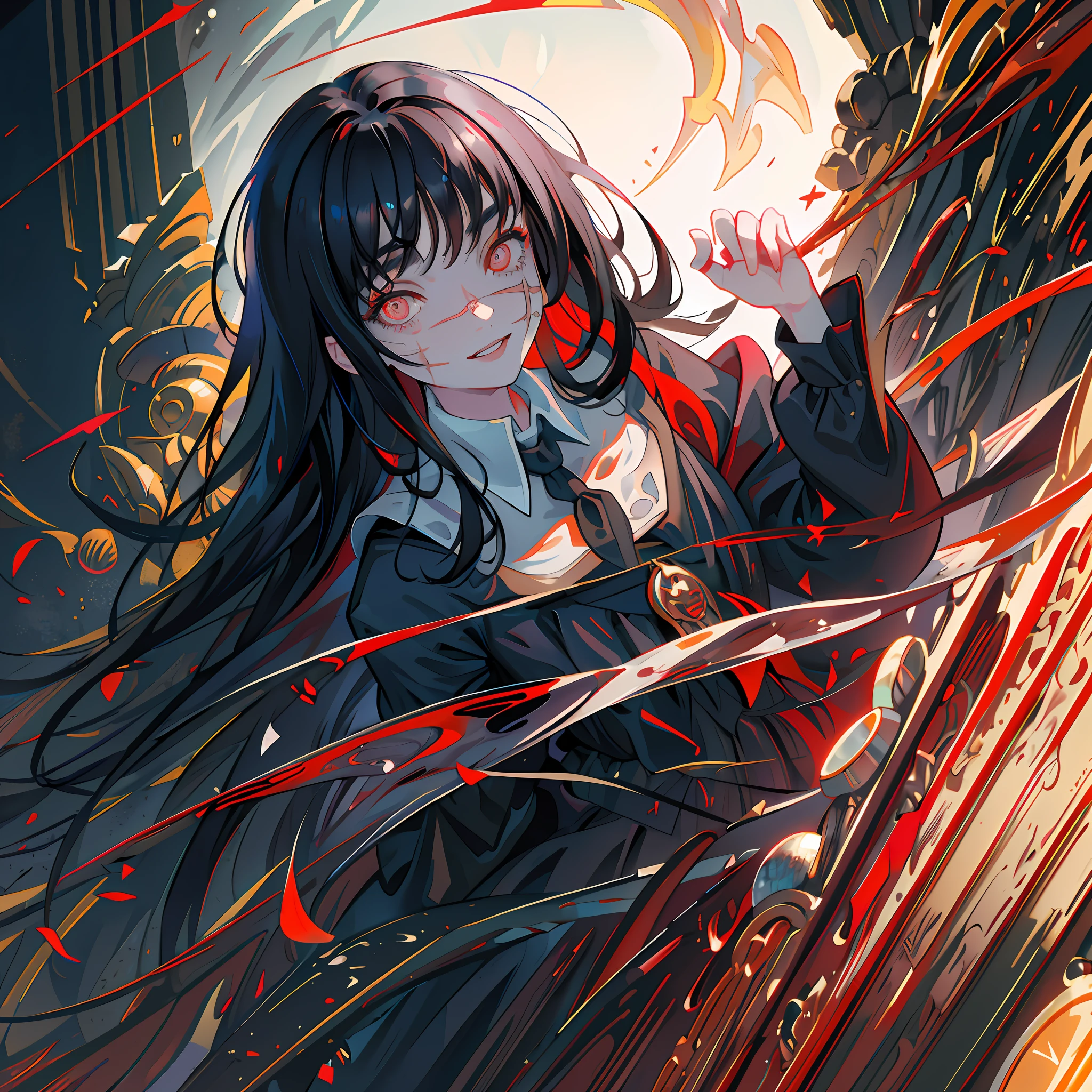 (((best quality))), (((masterwork))), asacsm, 1girl, solo, solo focus, focus on eyes, (beautiful eyes, red eyes:1.2), ((face scar)), standing, portrait, smiling, small lips, cute, long hair, black hair, school uniform, hands behind back, digital art, featured on pixiv, trending on artstation, high contrast, shadened face