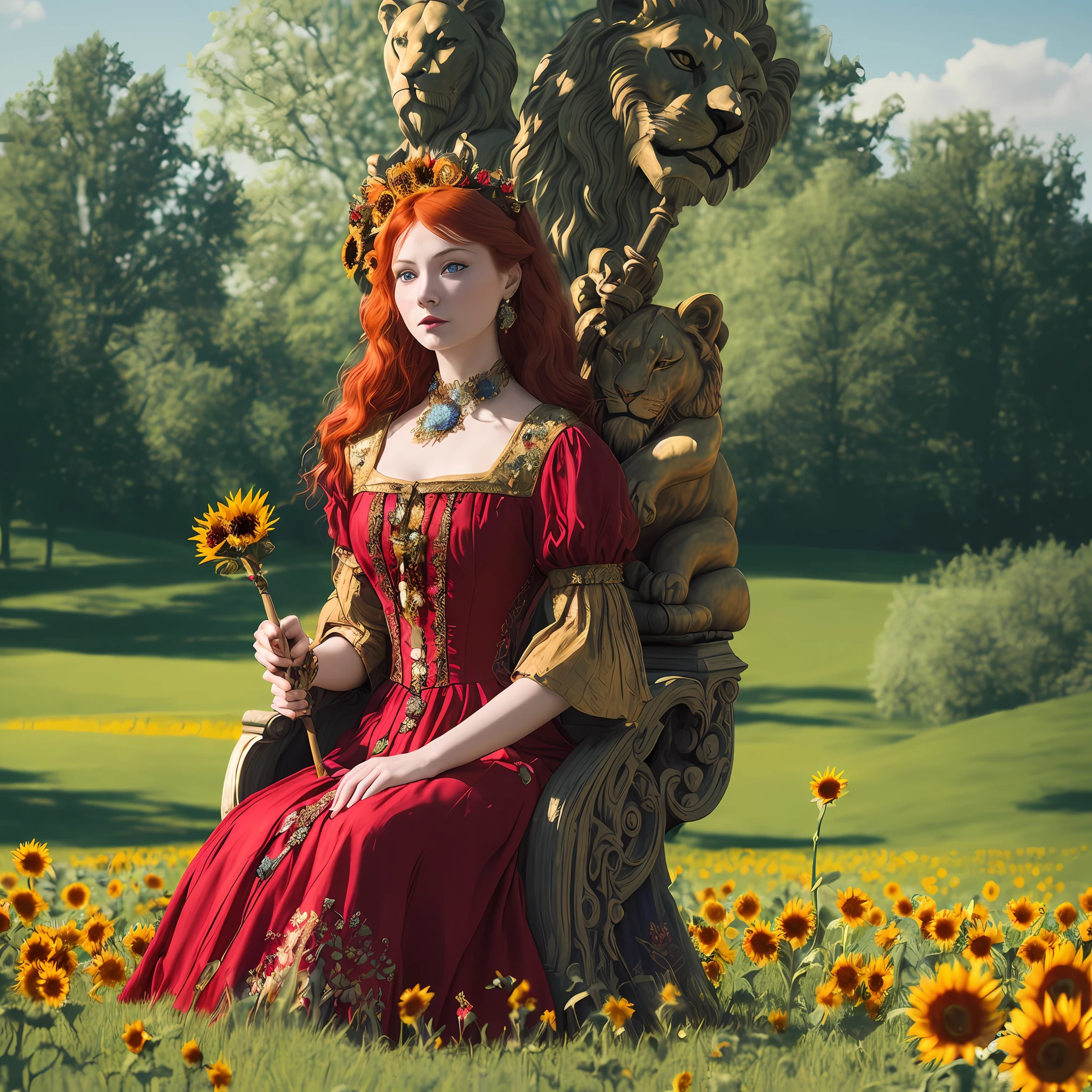 queen of clubs, (queen), moody, impulsive, gypsy, redhead, (wearing a richly embroidered red dress, in one hand she holds a staff and in the other hand she holds a sunflower, seated on a golden throne, a wooden lion in low relief, a black kitten on the ground in front of the queen, masterpiece, clear day, beautiful landscape of lawns with blue sky, cinematic lighting, ((highly detailed skin)), 8k, sharp focus, (very complex details), award-winning photography, super intricate detail