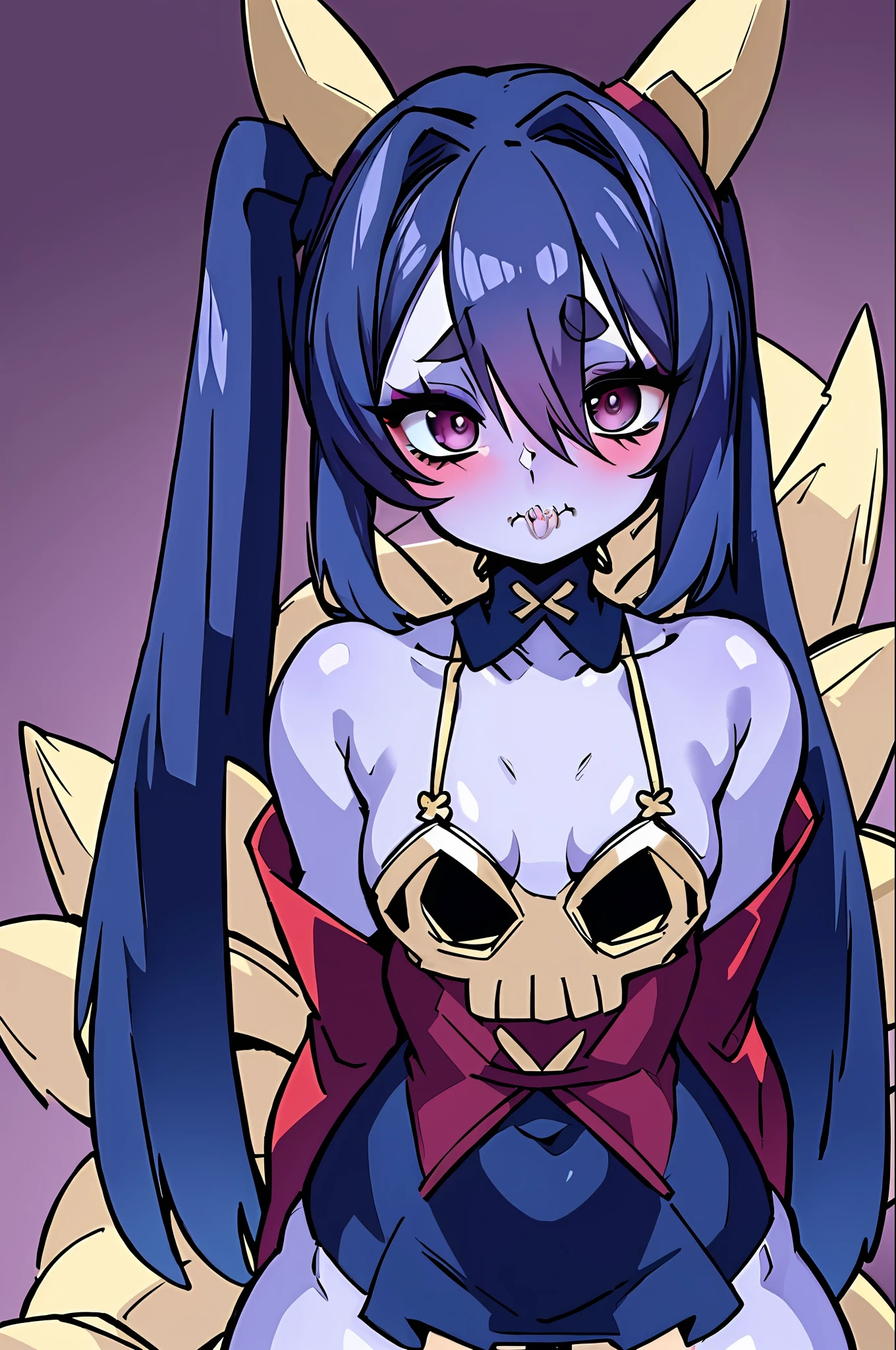 wavy, 1 loli, solo, small breasts, looking at viewer, bare shoulders, open sleeves, hair over one eye, red eyes, side ponytail, ponytail, loose collar, skull, ((blue skin)), dots, zombie, striped sleeves, stitched mouth, extremely detailed, highly detailed, perfect face, beauty, perfect eyes ((skeletal arm, live tails, big ass, big lips)), big eyes, makeup, big eyelashes, cute, adorable , serious, ( (leviathan: 1.3)), full body, in lingerie, ecchi anime style, full body art, ecchi style, anime character, kneeling, torn clothes, showing butt, bikini, micro bikini
