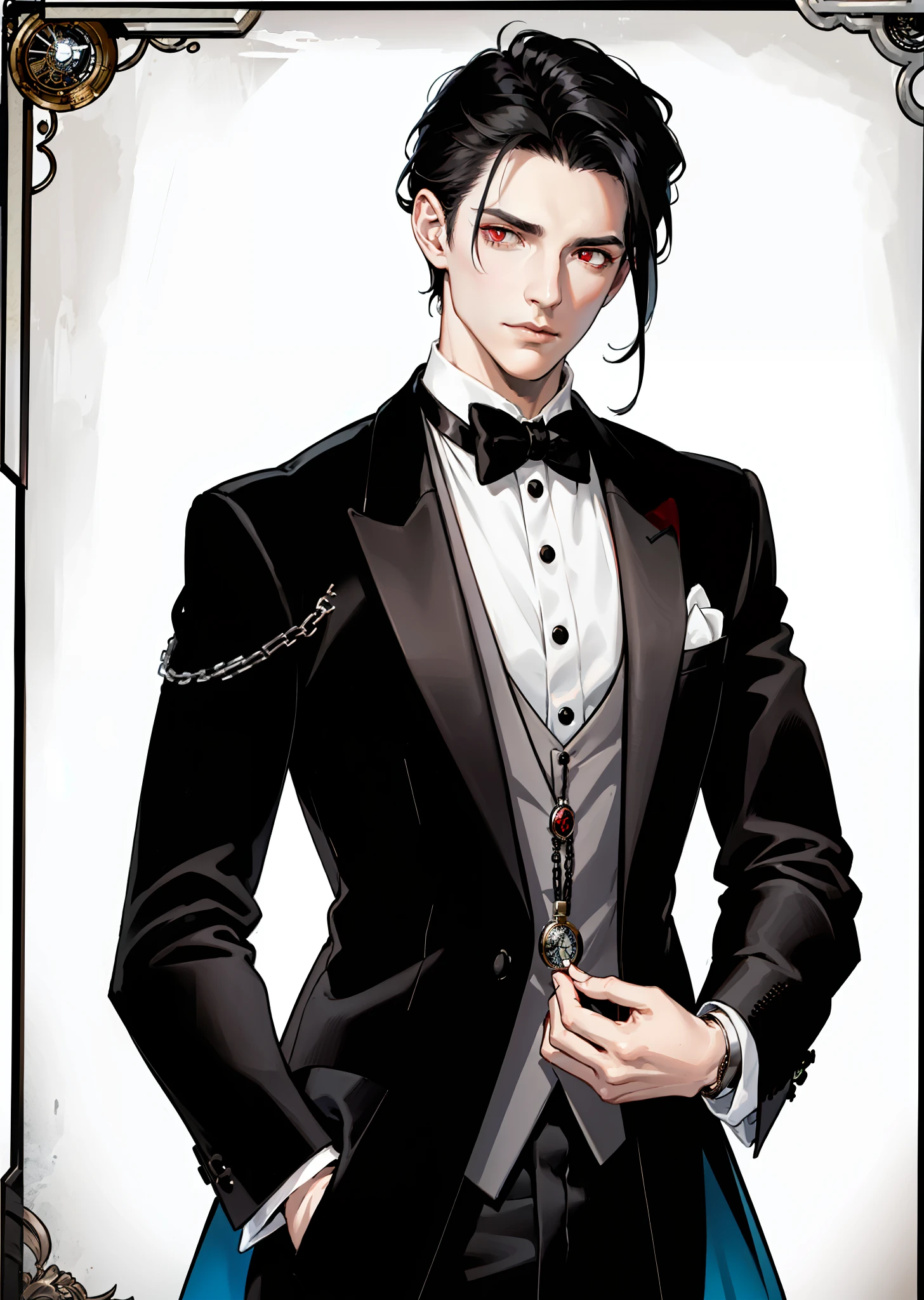 1 male, Tall, lean, with jet-black hair that never seems to be out of place, ((red crimson eyes)) and pale porcelain skin, ((dressed impeccably in a black and white tuxedo with a silver pocket watch)) .A perfectly tailored black and white tuxedo paired with a silver pocket watch, masterpiece, base, illustration, realistic, portrait, upper body, ((close up upper body)), ((dark mansion background)), ((older man))