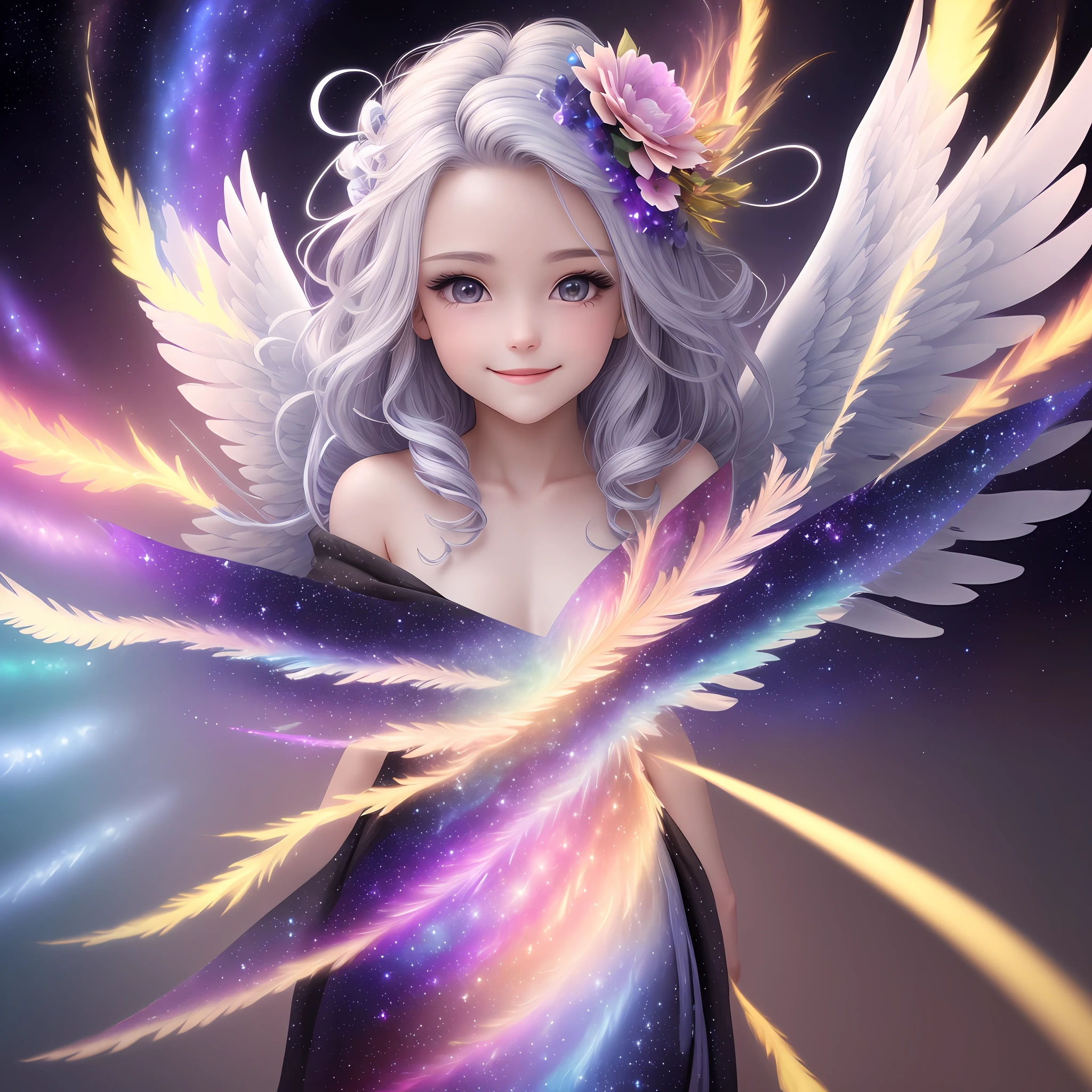 Create an angel with beautiful open wings, with spiral galaxy background releasing silver stars, gradient hair, rainbow hair, hair flower, furrowed brow, smile, Expressionism, optical illusion, reflection light, high quality, 8k