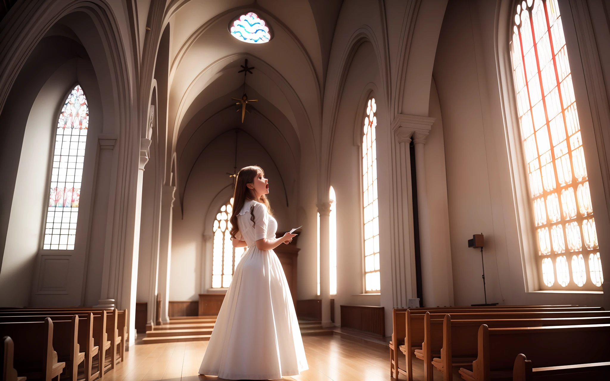 beautiful background,professional photo portrait, a beautiful argentinian girl in church dress, singing, background for power point, shutterstock style, beautiful clear natural lighting