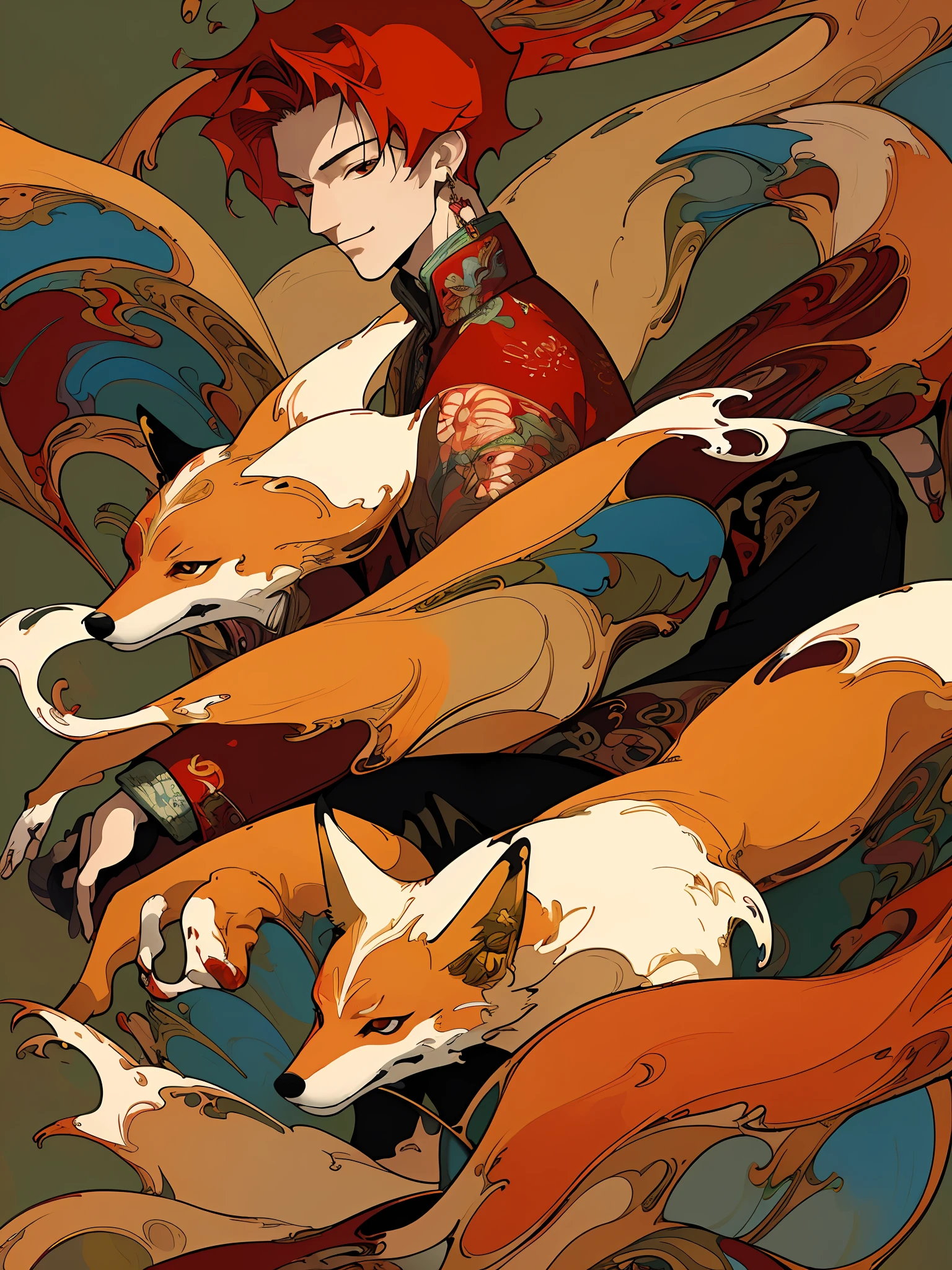 realistic, (masterpiece, top quality, best quality, official art, beautiful and aesthetic:1.2), extremely detailed, colorful,highest detailed, (abstract background:1.5) (1man:1.3), (foxes), red hair, shrewd eyes, smirk, one dangling gold earring, short hair, dressed in red wool jacket with fox patterned embroidery, black pants,