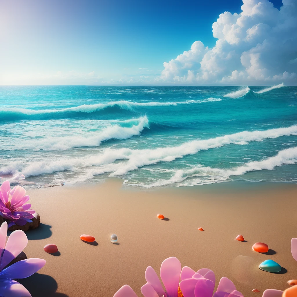The clean and quiet beach is full of shining and magnificent colored transparent pebbles, which are beautiful under the warm sunshine.