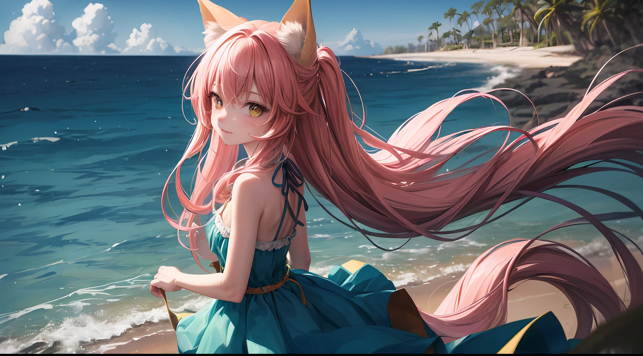 (best quality:1.3),(masterpiece:1.1), (best quality:1.3),(masterpiece:1.1),1girl , ,  focus on color , 1 girl , looking back ,fox ears , pink hair , long hair , yellow eyes mixed with red , hair contrasting with sunlight , tangled hair flying in the wind horizontally , pink and white clothes , one hand is held in front of the chest , the background is a stream , the color is focused on blue , focusing on the light of the background , with a little grass green background ,full body, looking at viewer,Stand back to the viewer very lowleg, thin dress , outdoors, beach, shiny skin,
