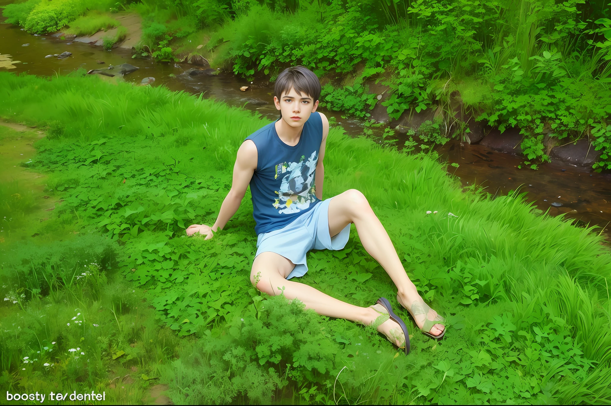 a man lying in the grass, lying in the grass, lying on the grass, in the grass, in a grassy field, in a grassy field, flattened, lying on the ground, lying on a field, lying on the ground, on a green lawn, on a flower bed of daisies, on a forest path, masterpiece, best quality, medium shot, 1 boy, (boy: 1.9), (solo: 1.3), ((16-year-old boy)), (skinny), short hair, tousled hair, [ gray | blue | green] hair, brown eyes, (blue t-shirt), shorts, bare feet, sunny day, in the woods, handsome boy, innocent look, innocent guy, virgin, shorts show dignity, shorts bulge between legs