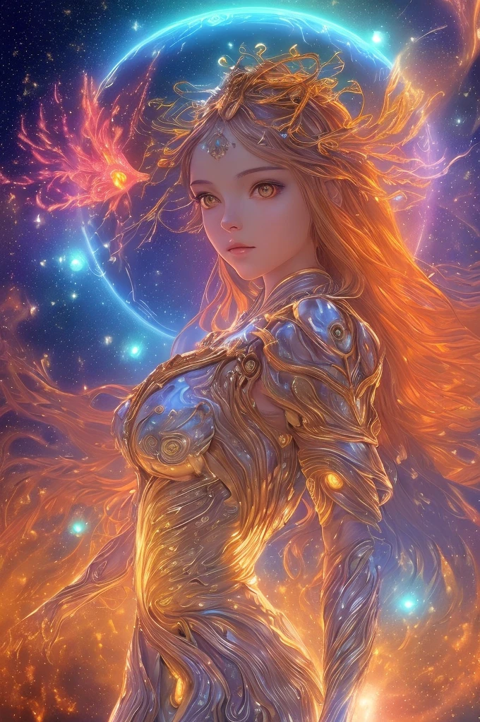 ((best quality)), ((masterpiece)), ((realistic)), portrait, 1girl, celestial, deity, goddess, light particles, halo, looking at viewer, (bioluminescent:0.95) flame, bioluminescence, phoenix, Vibrant, Colorful, Color, (Glow, Glow), (Beautiful Composition), Cinematic Lights, Intricate, (Symmetry: 0.5), Whimsical, Alien Planet