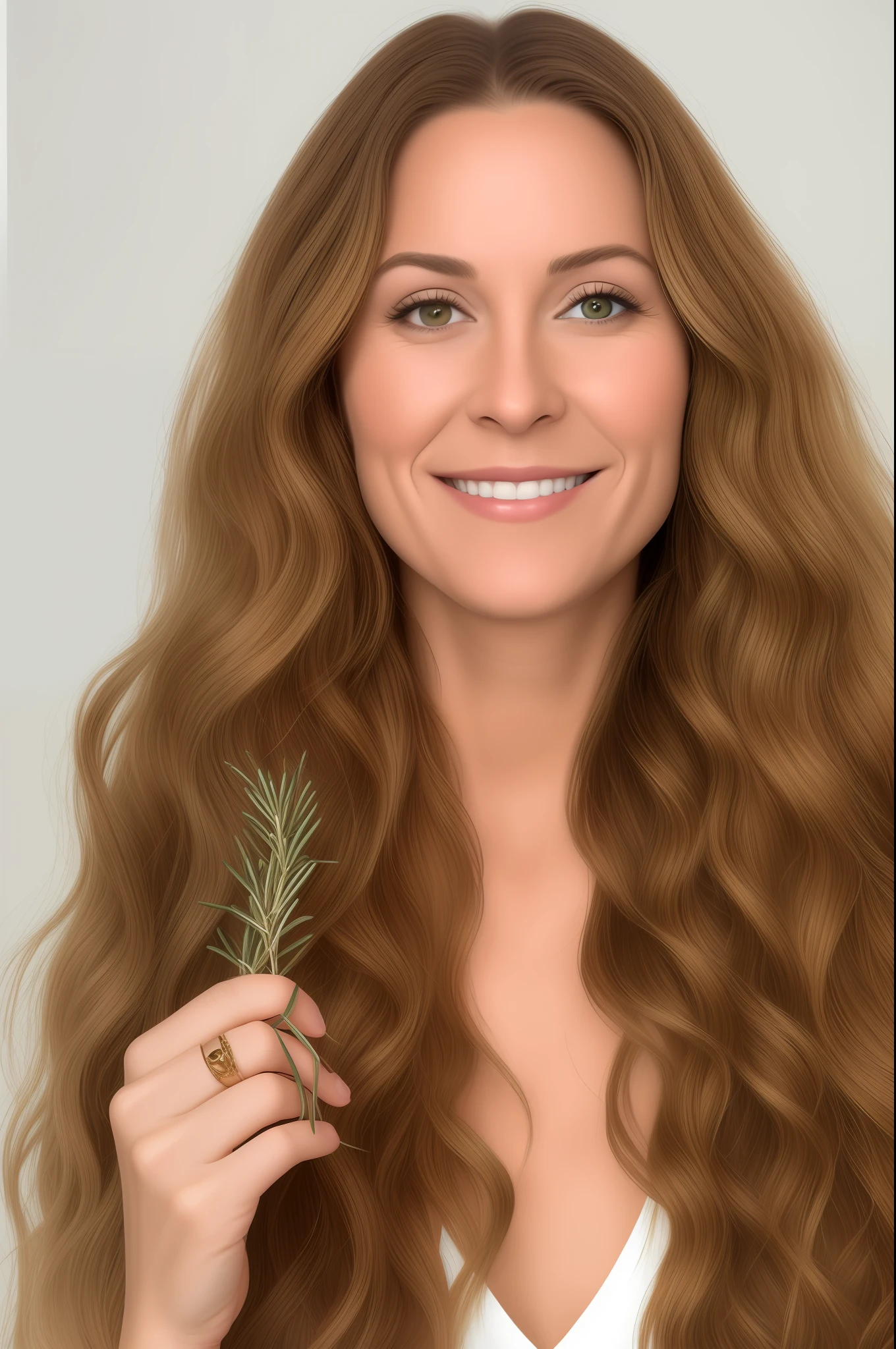 photorealistic, award-winning hyper realistic (zoomed in) portrait photo of 42 year old woman (holding four sprigs of rosemary), (long wavy golden brown hair), (square face) in a (white dress)