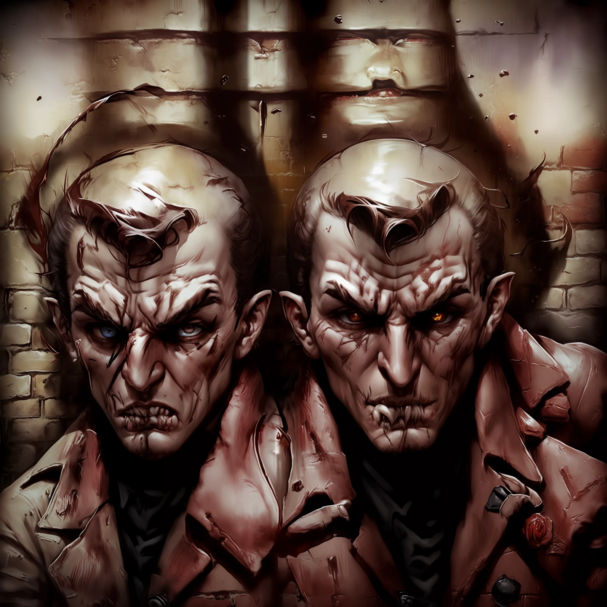 ((amazing images)),((high quality)),((high detail)), ((Two young mobsters)), ((Scarface)), ((high-powered weapons)), ((focus on faces)), ((focus on eyes)), ((screams of rage)), ((brick wall)), ((soft lighting)), ((focus on shadows)), ((dynamic angle)), ((cover of album))