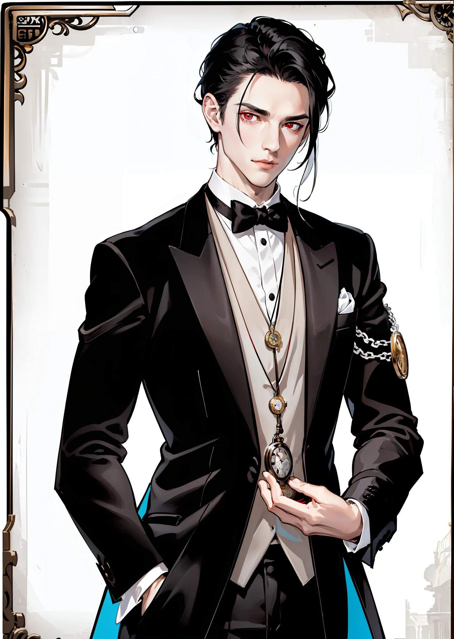 1 male, Tall, lean, with jet-black hair that never seems to be out of place, ((red crimson eyes)) and pale porcelain skin, ((dressed impeccably in a black and white tuxedo with a silver pocket watch)) .A perfectly tailored black and white tuxedo paired with a silver pocket watch, masterpiece, base, illustration, realistic, portrait, upper body, ((close up upper body)), ((dark mansion background)), ((older man)), ((anatomically correct))