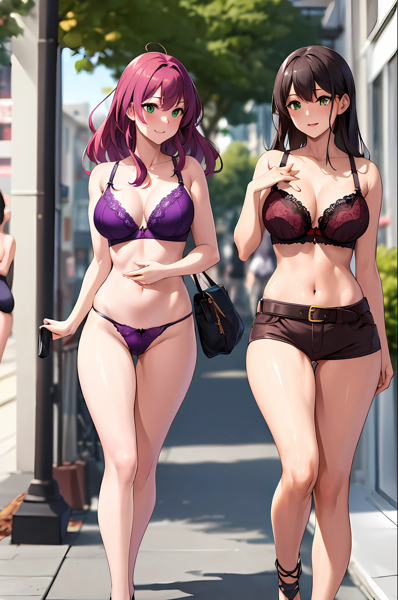 masterpiece, best quality, highres, sf1, diaphragm, purple thighs, bare shoulders, belt, bra, panties, thong, walking in public, embarrassed walking in public, green eyes, starfire, red with embarrassment, people staring, se showing off on the street