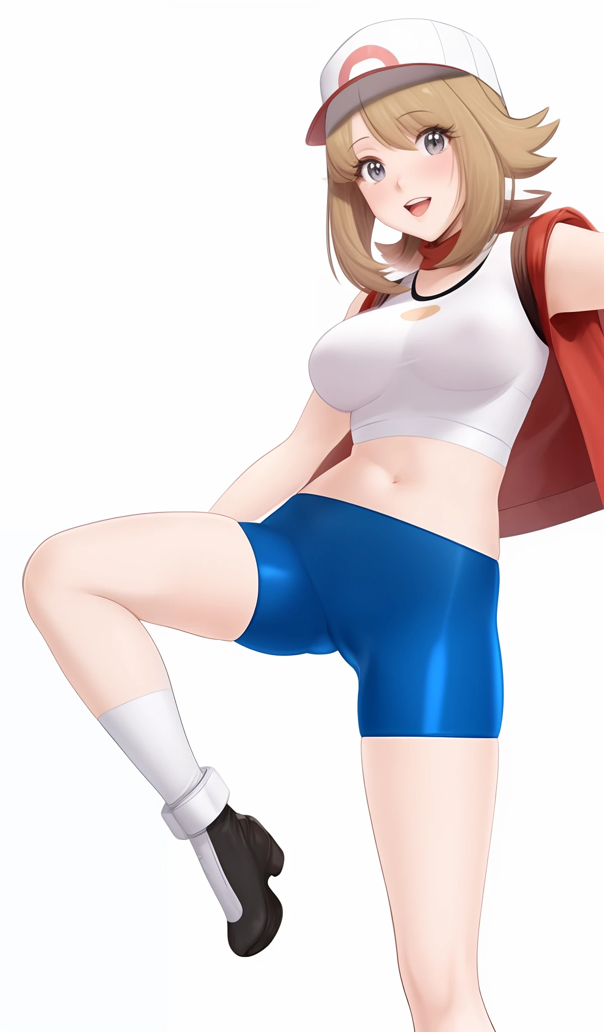 cameltoe, (May from Pokémon) kneeing shiny tight blue leggings