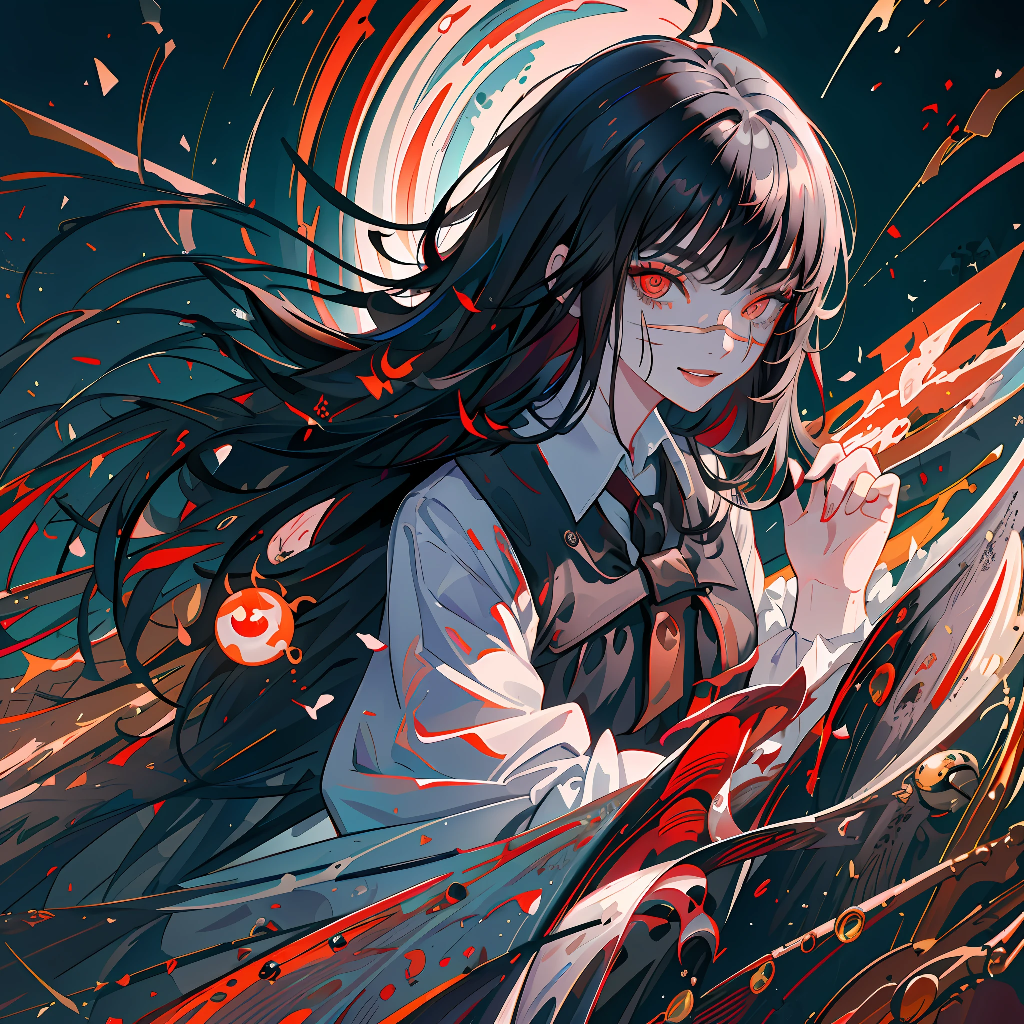(((best quality))), (((masterwork))), asacsm, 1girl, solo, solo focus, focus on eyes, (beautiful eyes, red eyes:1.2), ((face scar)), standing, side view, smiling, small lips, cute, long hair, black hair, school uniform, hands behind back, digital art, featured on pixiv, trending on artstation, high contrast, shadened face