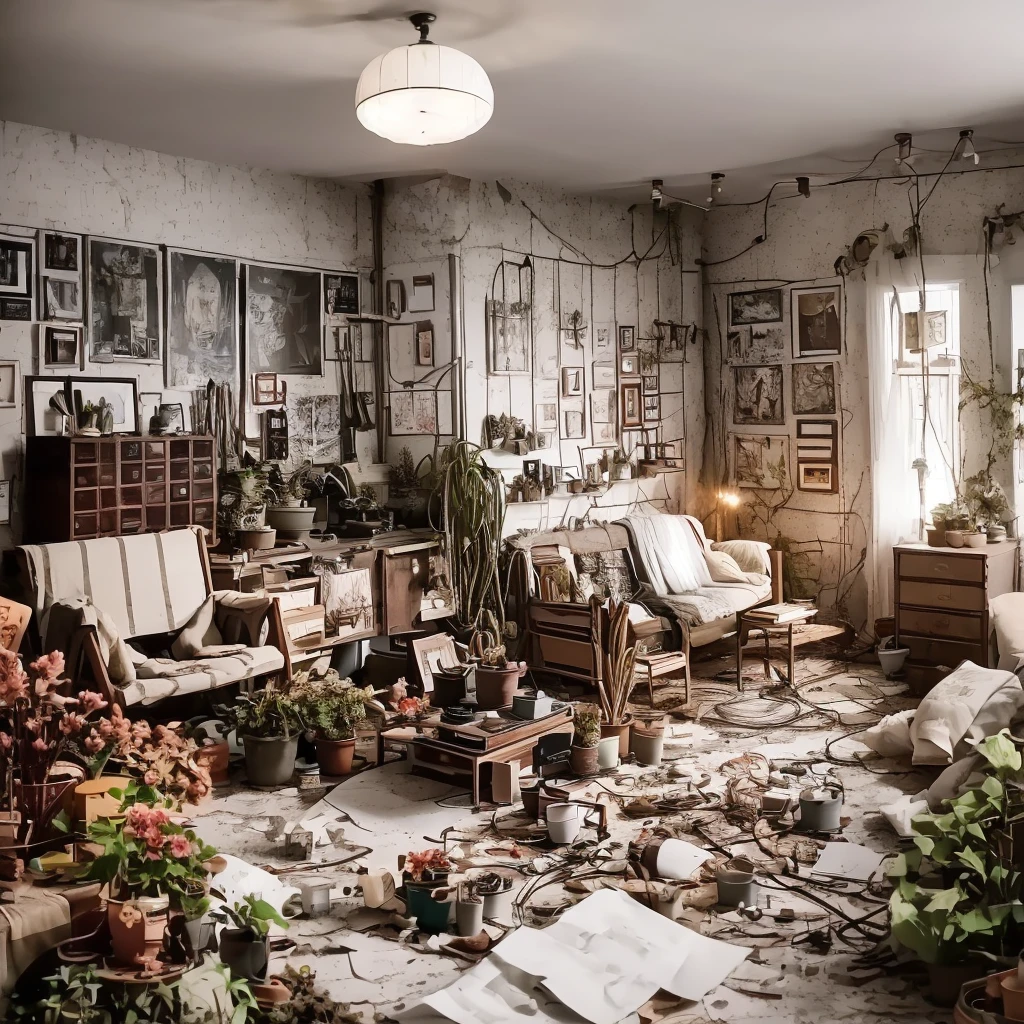 cottagecore, lots of furniture, wall art, plants, flowers, cozy, chaotic, messy, disheveled. apartment interior design, marble floor, High ceilings,art deco, photorealistic, cinematic lighting,