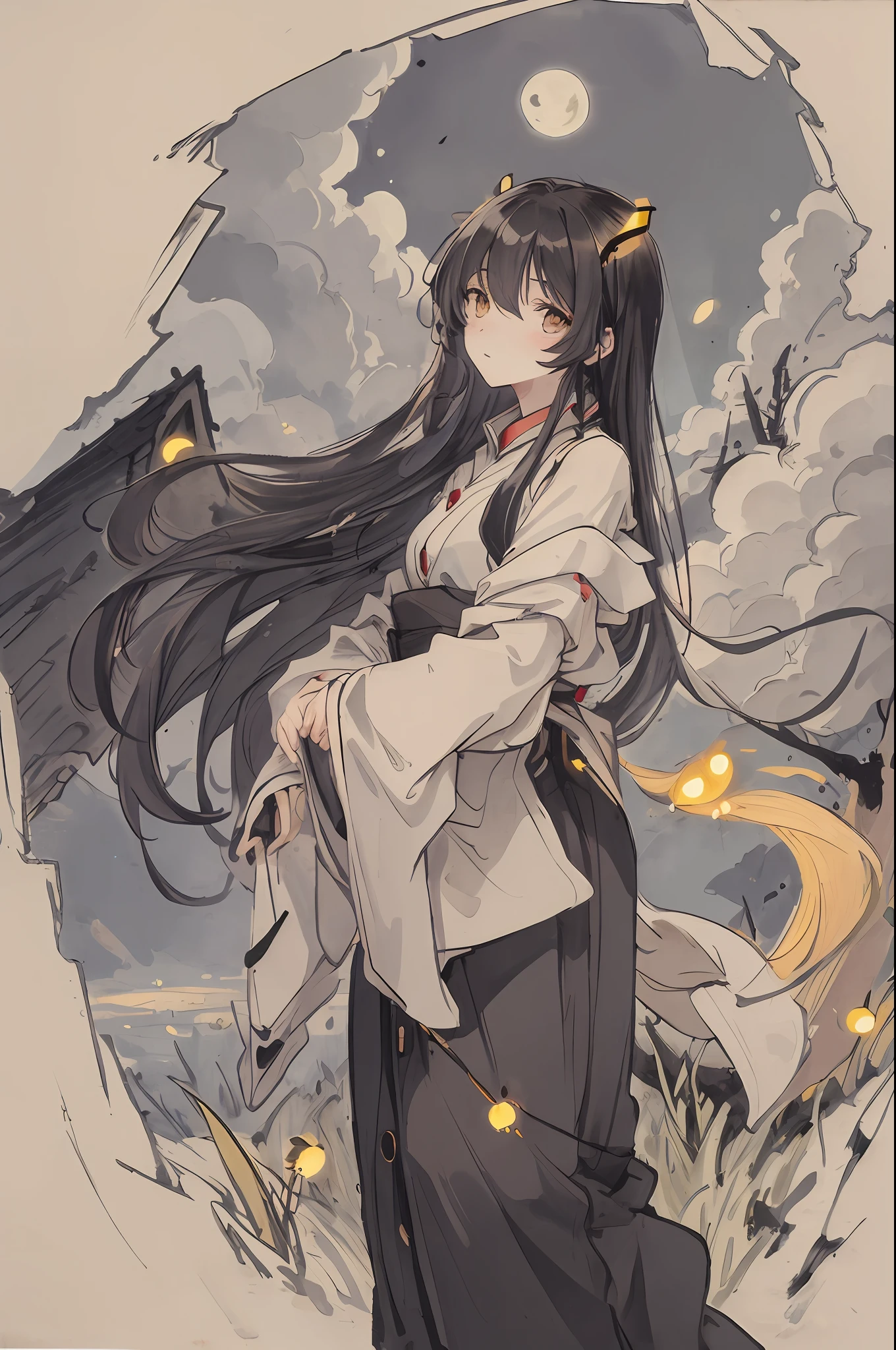 masterpiece, best quality, night, hill, clouds, full moon, long hair, woman, silhouette, fireflies.