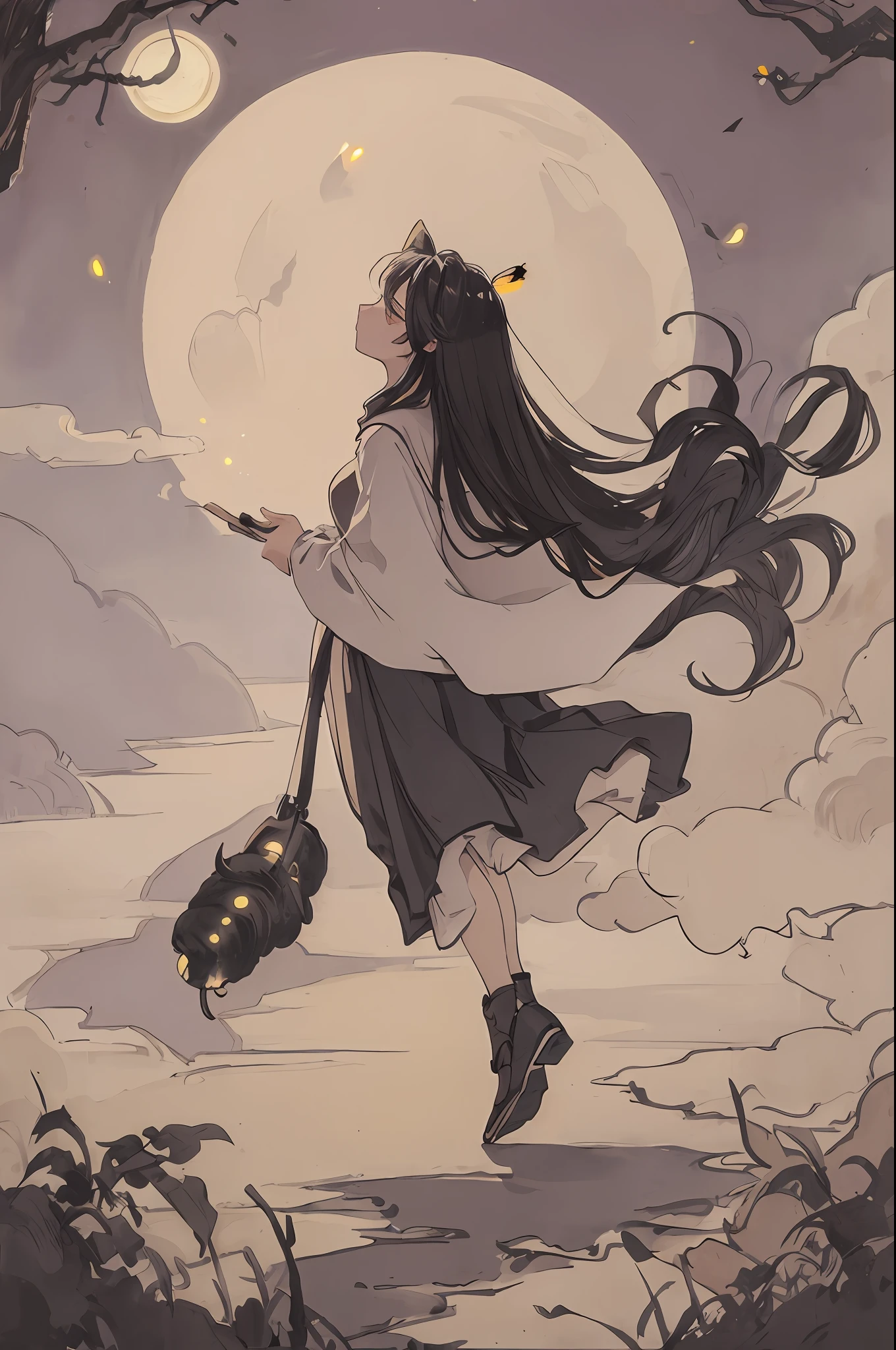 masterpiece, best quality, night, hill, clouds, full moon, long hair, woman, silhouette, fireflies.