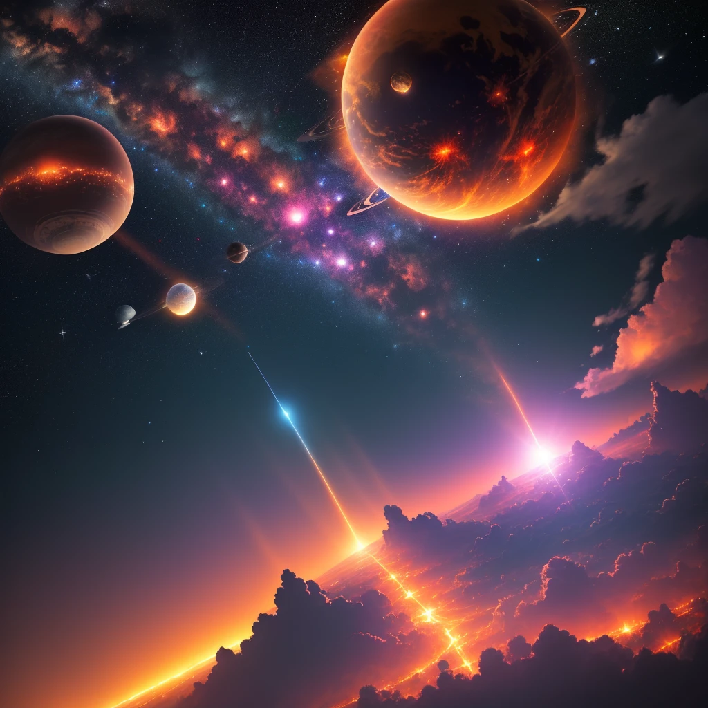 Space magic city with solar system in sky, meteors on fire, floating, conceptualized, vivid colors, realistic 8k