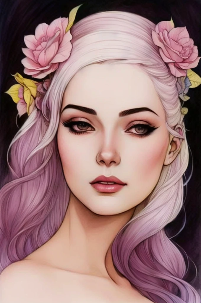 a drawing of a woman with flowers in her hair, anna dittmann alberto vargas, style of charlie bowater, a beautiful artwork illustration, gorgeous digital art, beautiful digital illustration, exquisite digital illustration, in style of anna dittmann, charlie bowater art style, beautiful illustration, by Harumi Hironaka, beautiful gorgeous digital art, in style of charlie bowater