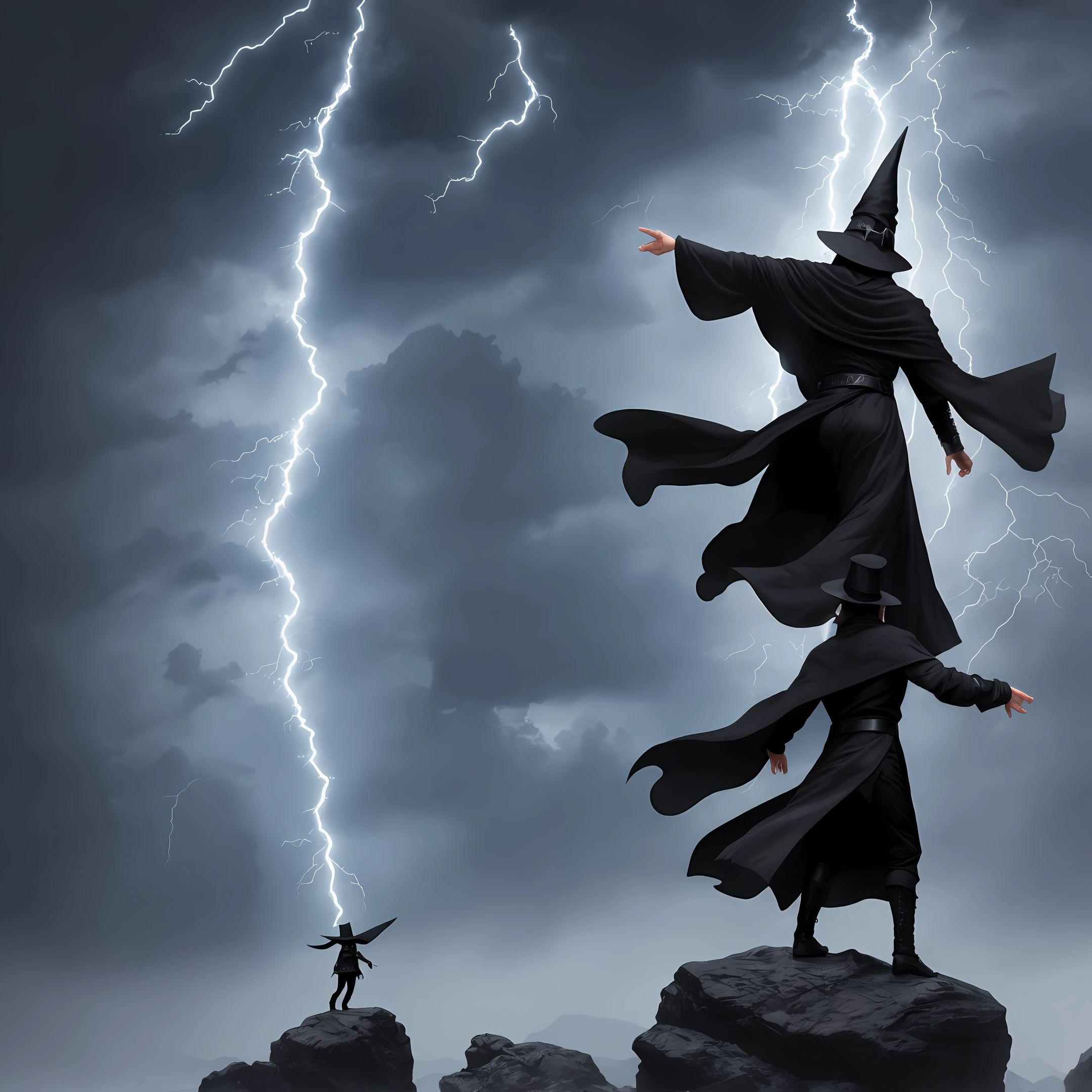 A wizard with a black pointy hat and black clothes, standing on top of a rock, releasing lightning from his hands.