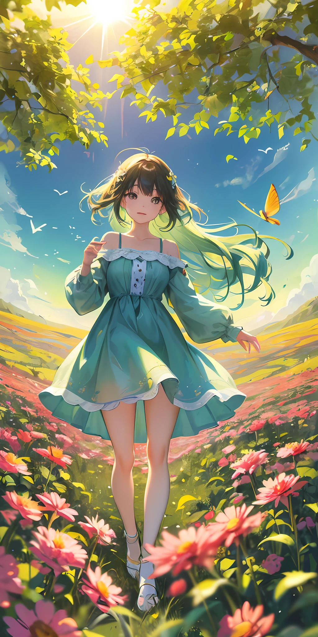 High Detail, Ultra Detail, Ultra High Resolution A cute and innocent girl is enjoying her time in an open field, surrounded by the beauty of nature, with the warm sun shining on her and wild flowers swaying gently in the breeze. Butterflies and birds flutter around her, adding to the playful atmosphere, --v6