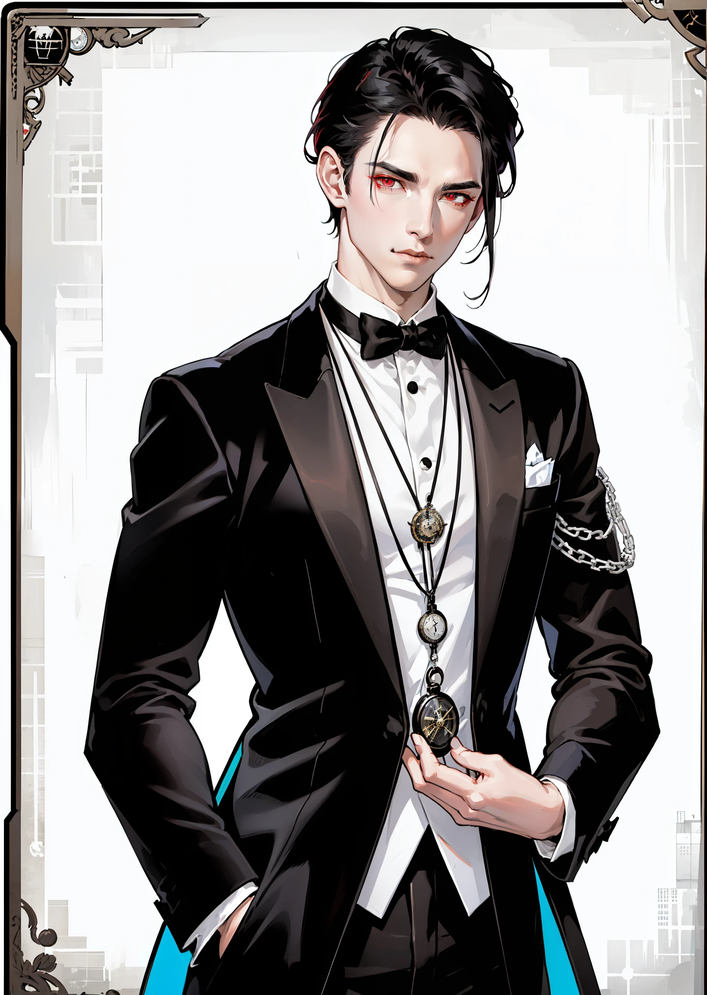 1 male, Tall, lean, with jet-black hair that never seems to be out of place, ((red crimson eyes)) and pale porcelain skin, ((dressed impeccably in a black and white tuxedo with a silver pocket watch)) .A perfectly tailored black and white tuxedo paired with a silver pocket watch, masterpiece, base, illustration, realistic, portrait, upper body, ((close up upper body)), ((dark mansion background)), ((older man)), ((anatomically correct))