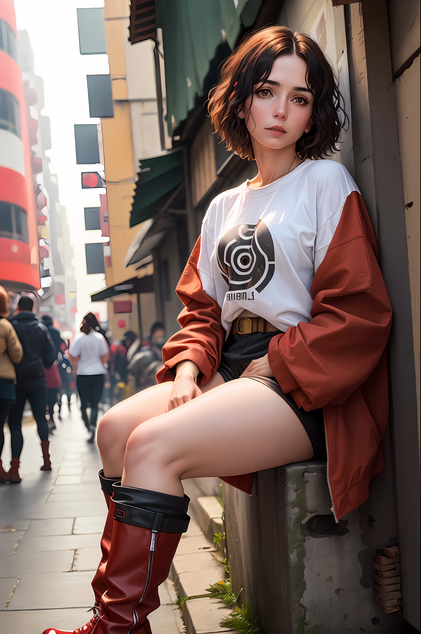 sitting position, (female, 40 years old), (white female goddess), (short brown hair: 1.3), (white wavy hair), emo: 1.1, (white T-shirt inside red coat, baggy pants, black boots, cyberpunk fashion by blade runner), street background, (full black eye), best quality, extremely detailed, studio quality, Alex Maleev, bokeh, panoramic, by Robert Capa