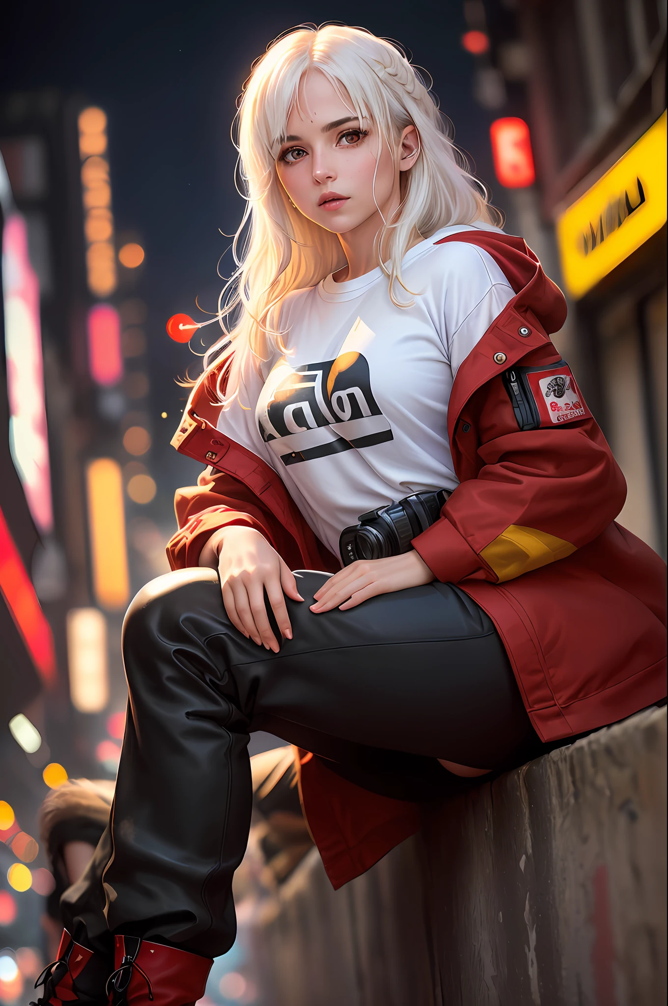 sitting position, (female, 40 years old), (white female), (short long hair: 1.3), (white wavy hair), emo: 1.1, (white T-shirt inside red coat, baggy pants, black boots, cyberpunk fashion by blade runner), street background, (full black eye, yellow pupil), best quality, extremely detailed, studio quality, Alex Maleev, professional, canon camera, nikon camera, sharp, bokeh, panoramic, by Robert Capa