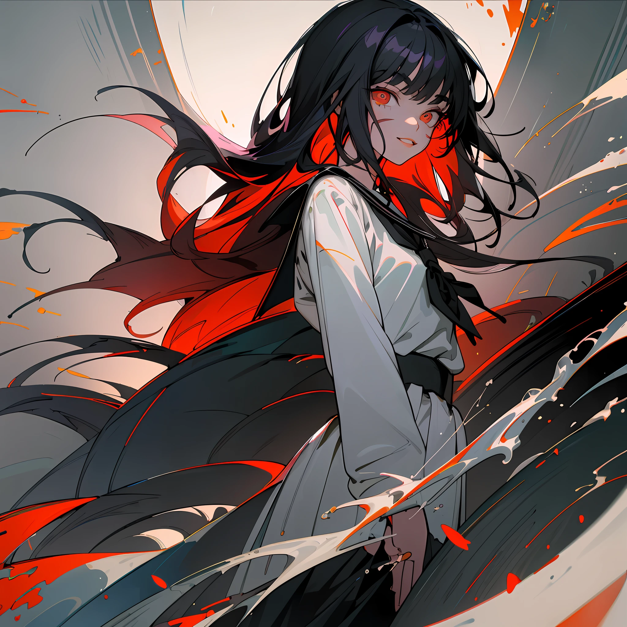 (((best quality))), (((masterwork))), asacsm, 1girl, solo, solo focus, focus on eyes, (beautiful eyes, red eyes:1.2), ((face scar)), standing, side view, smiling, small lips, cute, long hair, black hair, school uniform, hands behind back, digital art, featured on pixiv, trending on artstation, high contrast, shadened face