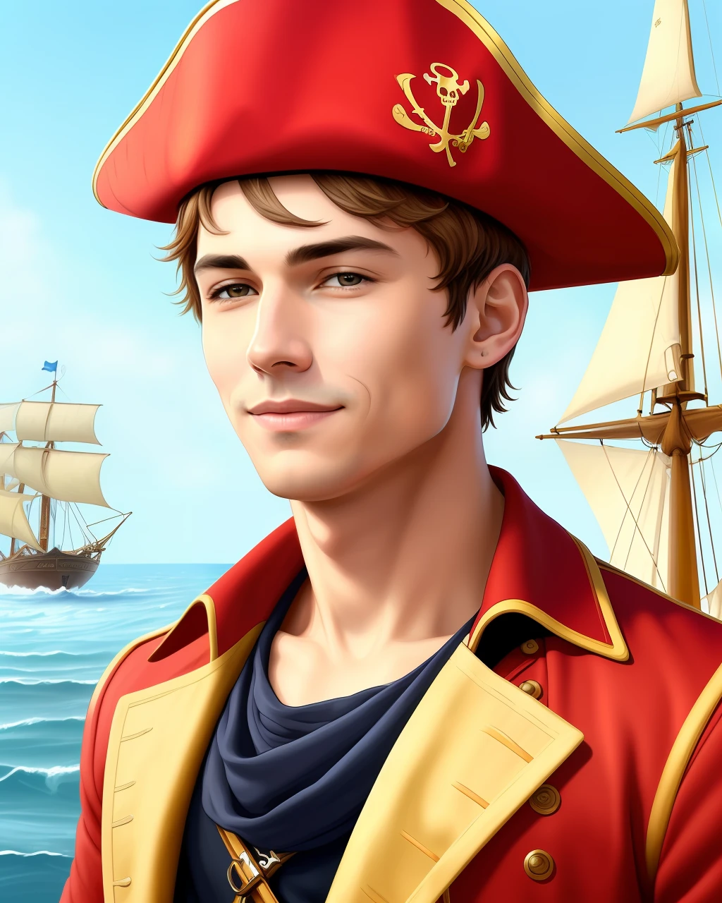 (Best Quality), (Ultra Fine), (Masterpiece), Illustration, (Young Man), (Wheat Skin), pirate, tiny smile, ship scene,123456789