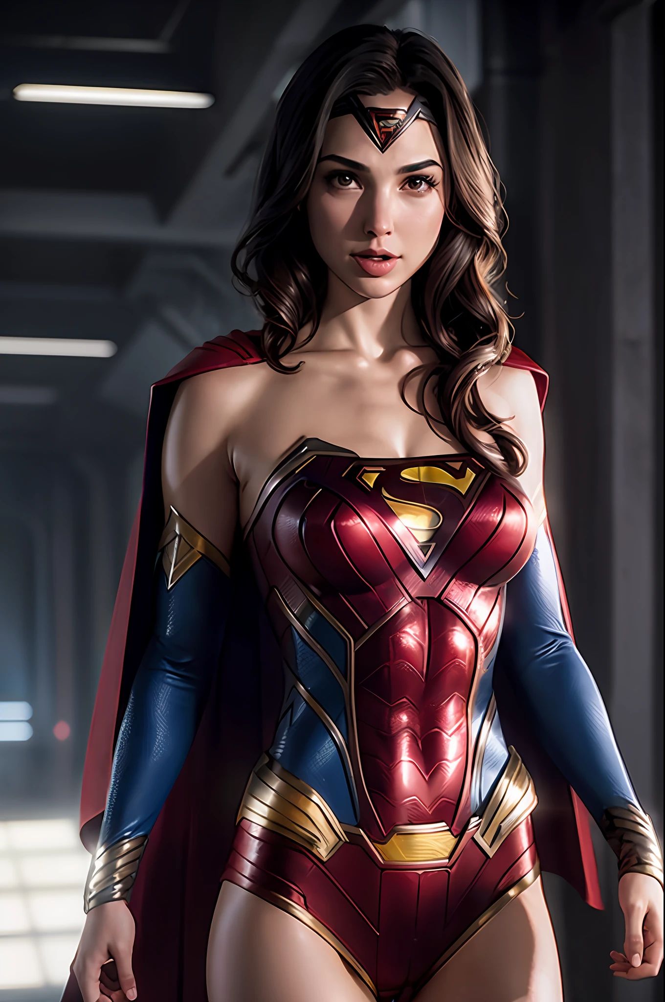 Gal Gadot, wearing (Superman Suit), Highly Detailed, Artstation, Soft, Sharp Focus, 8K, (underboob)