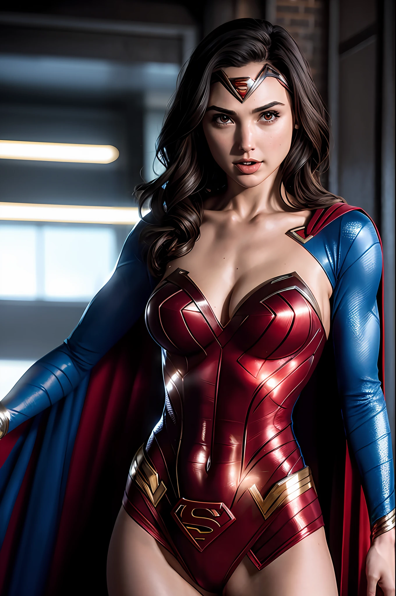 Gal Gadot, wearing (Superman Suit), Highly Detailed, Artstation, Soft, Sharp Focus, 8K, (underboob)