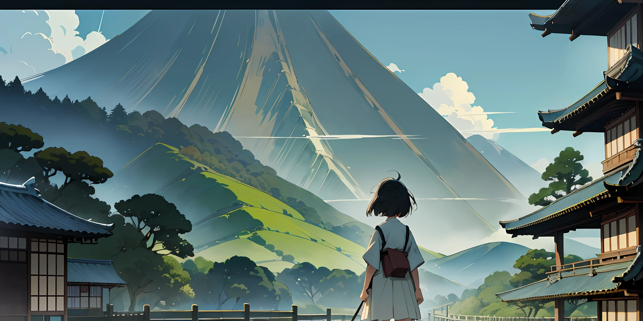 (Japanese Landscape), (Hayao Miyazaki Style), (Japanese Manga, Scenery Photo, Tranquil Video), (Little Girl, Country Road, Ancient Japanese Architecture), Gradient Color, Soft Palette, Layered Sense, Ethereal style, mobile wallpaper, 8k, UHD, 4K, --v6