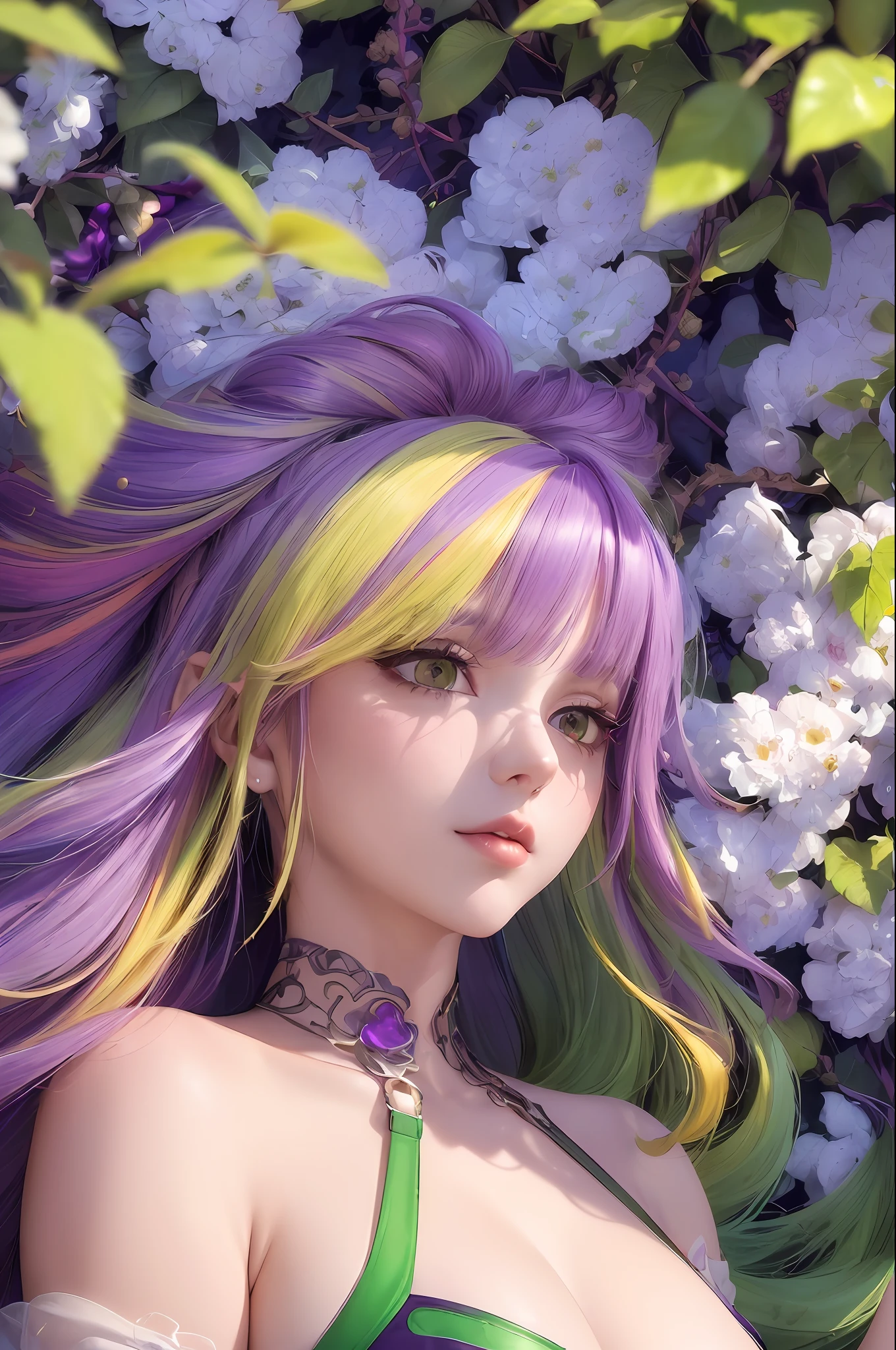 (extremely detailed CG unity 8k wallpaper,masterpiece, best quality, ultra-detailed),(an extremely delicate and beautiful),(dynamic angle,portrait),(multicolored_hair+purple hair+green hair+yellow hair+red hair:1.2),(off shoulder), beautiful face, glowing skin,depth of field, lush greenery,sparkling water droplets, vivid colors.