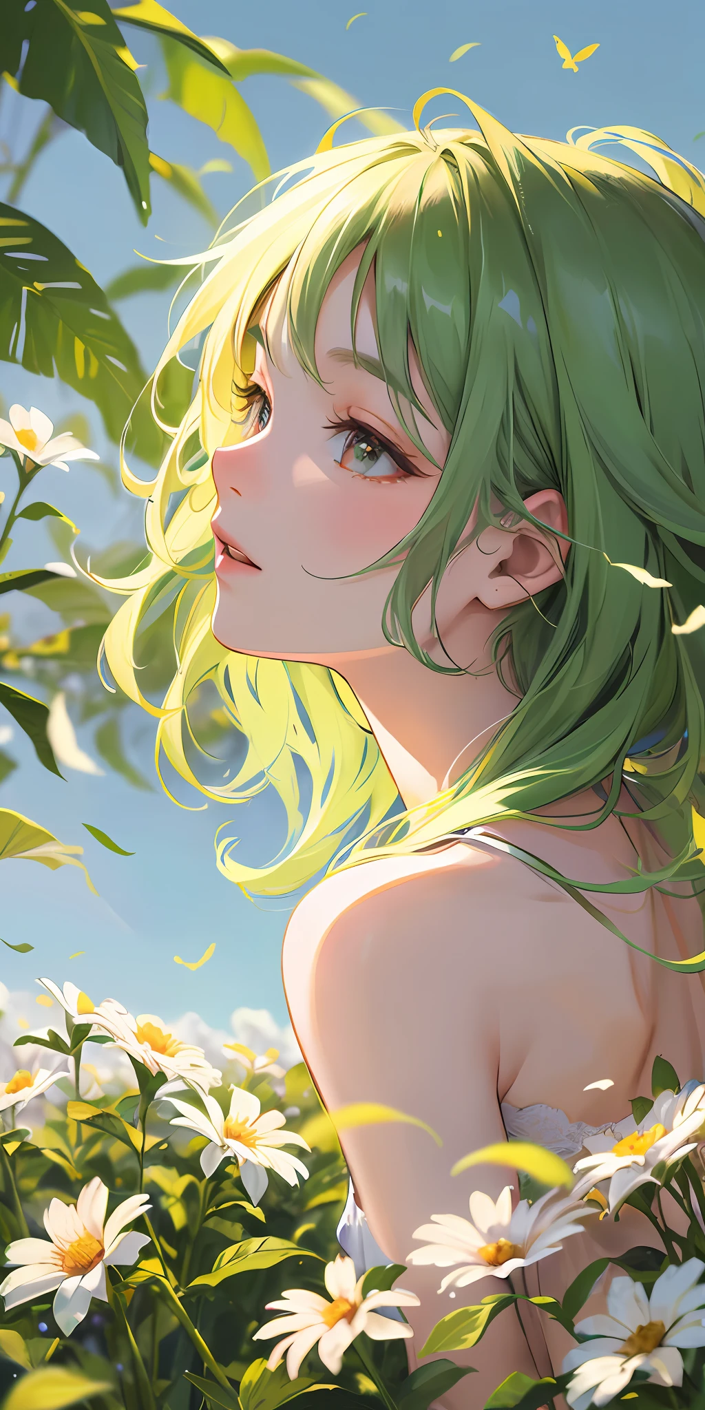 Highly detailed, ultra detailed, ultra high resolution girl enjoying her time in an open field, surrounded by the beauty of nature, with warm sunlight shining on her and flowers gently swaying in the breeze. Butterflies and birds flutter around her, adding to the playful atmosphere, --v6