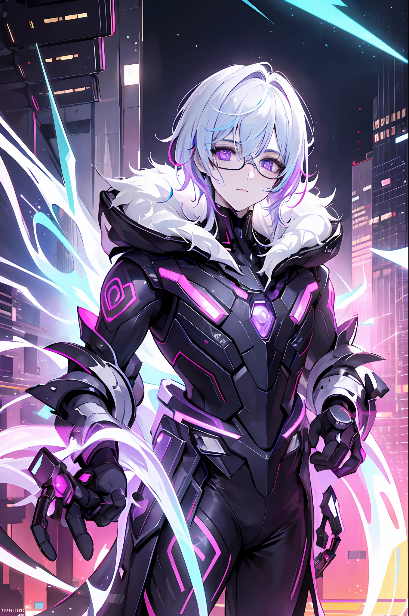 In the neon-lit expanse of CyberHaven, a sprawling metropolis that pulses with technological wonders and shadows that never sleep, resides a vampire boy named Asher. At the tender age of 18, he embodies the enigmatic fusion of ancient darkness and futuristic aesthetics. Explore the intricately detailed world of Asher: Hair: Asher's hair is a vibrant tapestry of black, white, and shades of purple, an artistic homage to the ever-evolving cyberpunk aesthetic. These electrifying colors intertwine, reflecting the neon lights that bathe the city's streets. His hair is styled in a dynamic fashion, a blend of sleek and spiked elements, echoing the fusion of tradition and futurism. Glasses: Adorning his face, Asher's glasses embody cutting-edge technology with a touch of retro charm. The frames are sleek and silver, intricately designed with embedded microcircuitry that enhances his vision in the augmented reality of CyberHaven. The lenses possess a subtle holographic shimmer, providing him with an overlay of data and information within his field of view. Eyes: Beneath the tinted lenses of his glasses, Asher's eyes glimmer with an ethereal glow, a vibrant shade of amethyst that seems to radiate with electric energy. They hold an intensity that reflects his profound connection to the nocturnal world and his unyielding thirst for both knowledge and the life essence that sustains him. Cybernetic Enhancements: Within the cyberpunk realm, Asher has embraced technological augmentations that coexist with his vampiric nature. Tracing along his arms and neck, faintly glowing circuitry tattoos blend seamlessly with his skin, enhancing his reflexes and senses. These enhancements are a testament to his ability to adapt and thrive in the ever, highly detailed face, highly detailed eyes,potrait