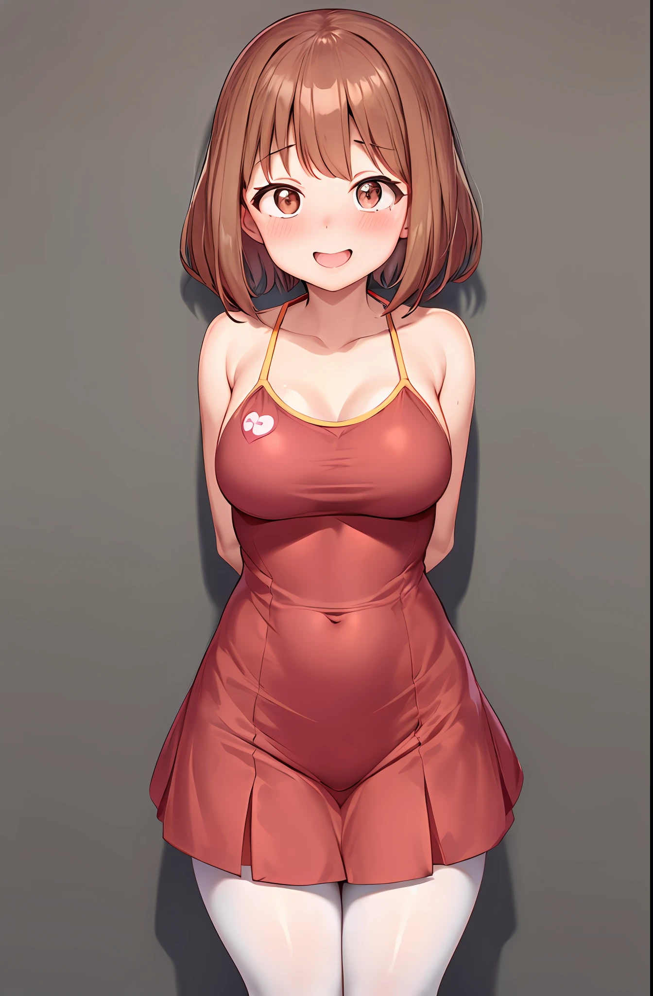 horikoshi kouhei, 1girl, :d, absurd, arms behind back, bangs, blush, boku no hero academia, , brown eyes, brown hair, fengling (furin-jp), highres, looking at viewer, medium breasts open, pantyhose, bikshort hair, sidelocks, smile, solo, standing, Uraraka ochako, red with embarrassment, in public