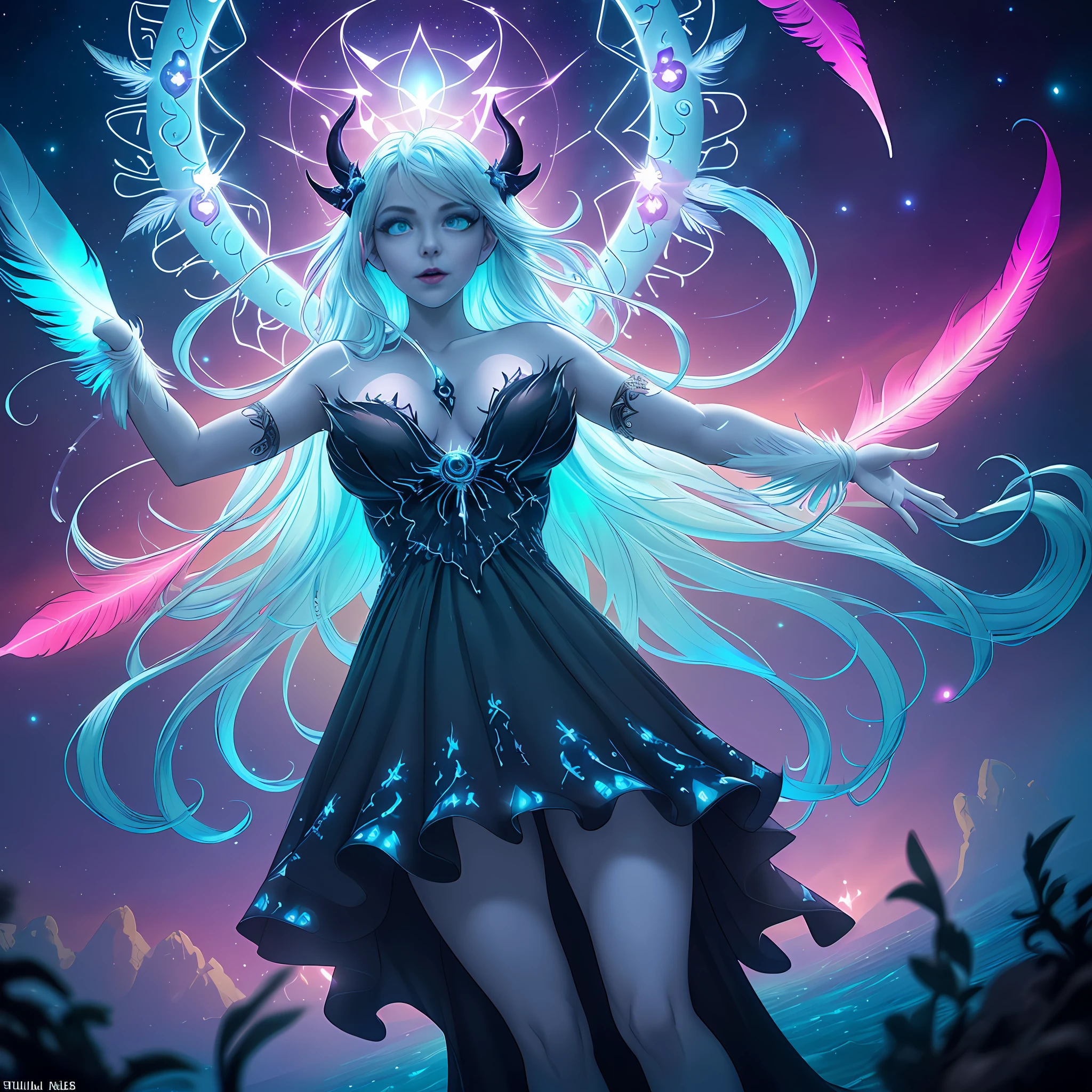 ((best quality)), ((masterpiece)), ((realistic)), full body portrait, {tanned skin}, {lillith}, 1girl, (((celestial))), deity, {devil horns}, {delicate and beautiful gothic ball gown}, {teifling goddess}, light particles, halo, looking at viewer, (bioluminescent:0.95) ocean, bioluminescent, piercing glare, celestial bioluminescent eyes, vibrant, (((colourful))), color, (glowing, glow), (beautiful composition), cinematic lighting, intricate, (symmetrical:0.5), whimsical, {fisheye lens}, ((angle from below)), (((corrupted celestial feathers falling in background))), ((hair flowing in the wind)), ((age 24)), ahegao, (((age 32 face))), ((slender delicate face)), ((((open arms welcoming viewer)))), ((seductive plot)), (((Dark sinister aura)))