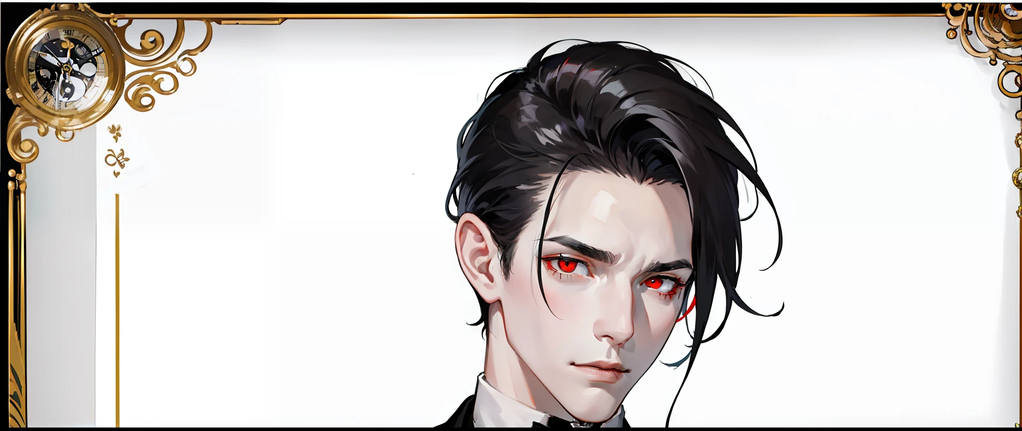 1 male, Tall, lean, with jet-black hair that never seems to be out of place, ((red crimson eyes)) and pale porcelain skin, ((dressed impeccably in a black and white tuxedo with a silver pocket watch)) .A perfectly tailored black and white tuxedo paired with a silver pocket watch, masterpiece, base, illustration, realistic, portrait, upper body, ((close up upper body)), ((dark mansion background)), ((older man)), ((anatomically correct))