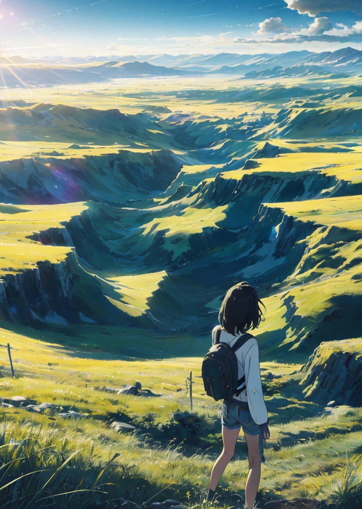 The vast sky, beautiful skyline, large grasslands, extremely tense and dramatic pictures, moving visual effects, the high-hanging Polaris, and colorful natural light. A long-sleeved top, denim shorts, and a girl with a backpack.