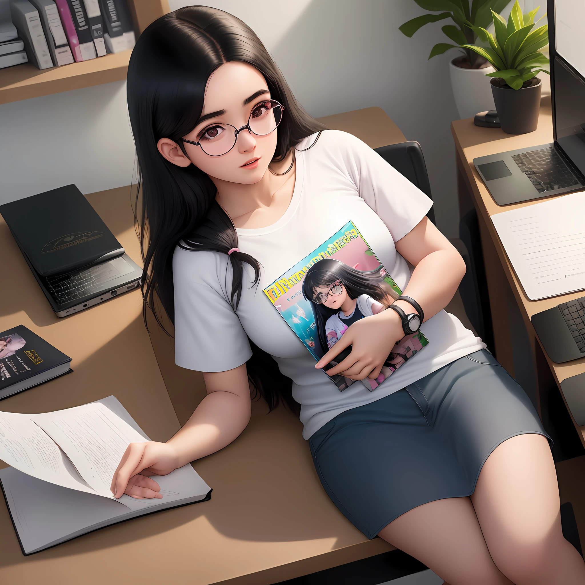 4k, realista, carismática, muito detalhada, &quot;Draw a hyper realistic 20 year old woman with black hair and round glasses, Latin American, Brazilian, wearing a white t-shirt with a pink anime girl. She is in a modern office with white bookshelves, studying, looking at her notebook, in a table cluttered with study materials, a laptop and a Harry Potter mug. Next to it is a professional Nikon camera. Her expression is one of concentration. The scenery is pastel colored and realistic, viewed from a 30 degree angle by someone 1.80 m tall.&quot;